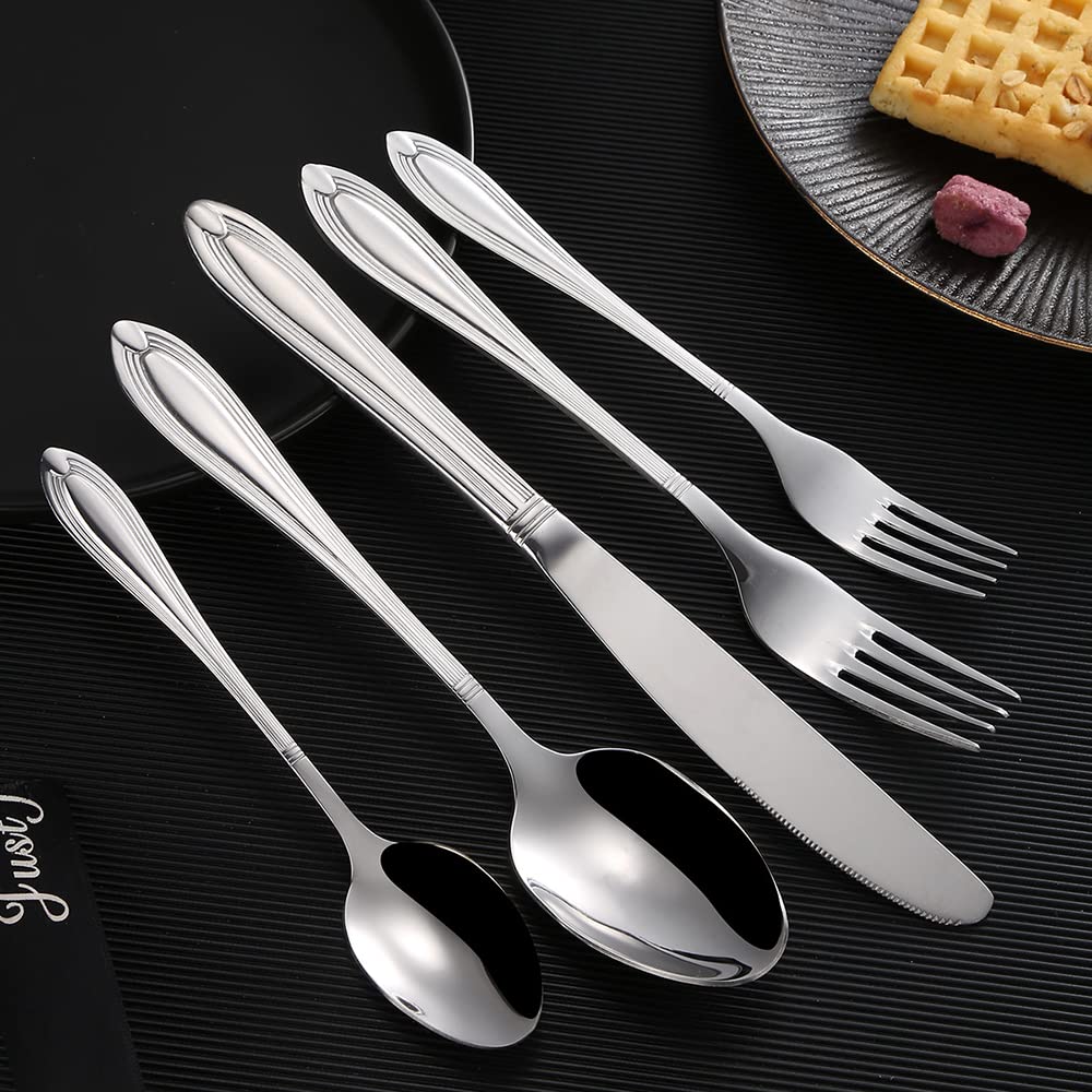 Modern 40-Piece Stainless Steel Silverware Set for 8 - Knives, Forks & Spoons - Mirror Polished Minimalist Flatware Cutlery Set for Home, Kitchen & Restaurant - Perfect for Dinner Parties, Weddings & Everyday Dining