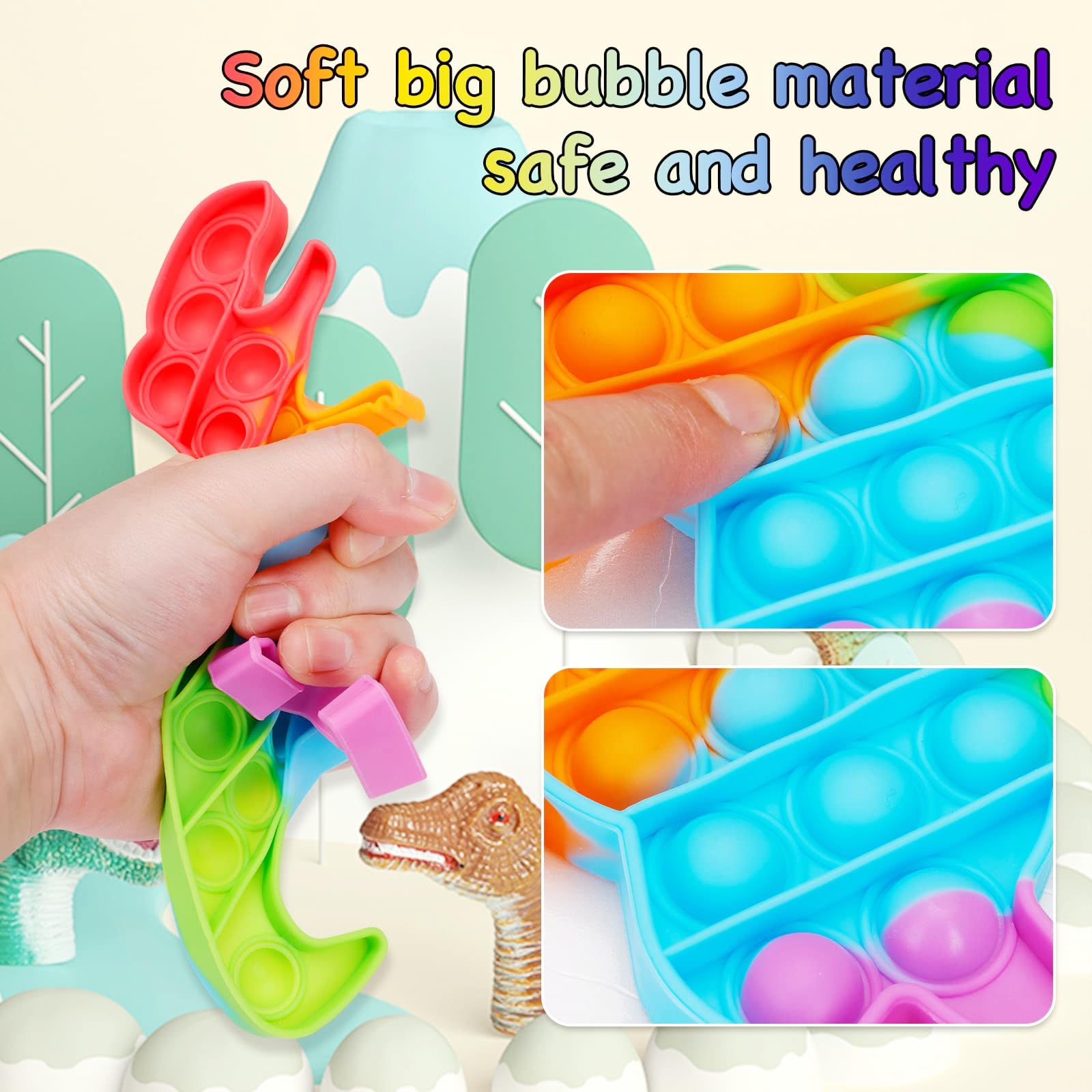 Dinosaur Pop Fidget Toys Set - 7 Pack Silicone Rainbow Sensory Stress Relief Toys for Kids & Adults with ADHD, Autism - Squeeze Popper for Anxiety, Focus & Classroom Use