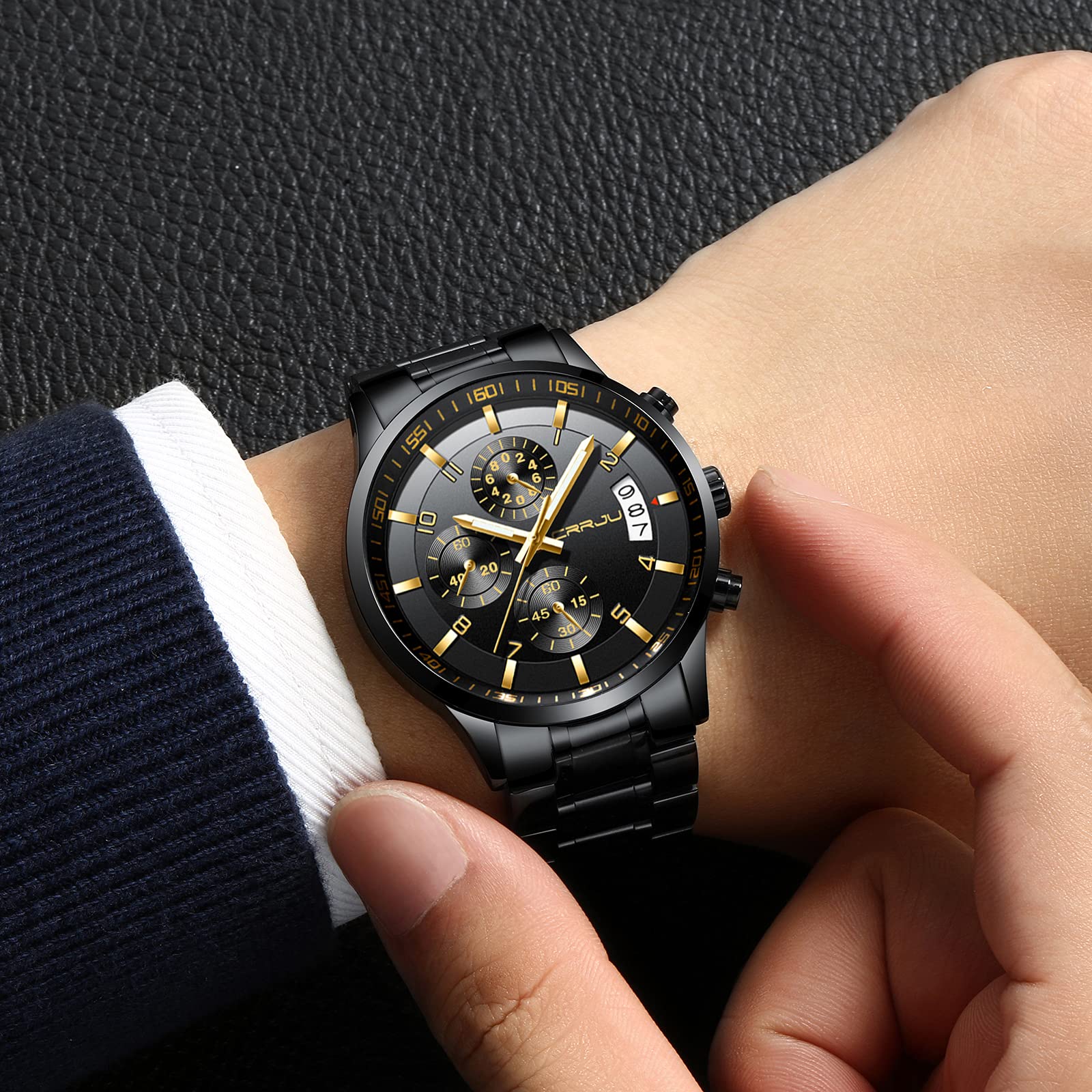 CRRJU Men's Stainless Steel Waterproof Watch - Date Chronograph for Outdoor & Business