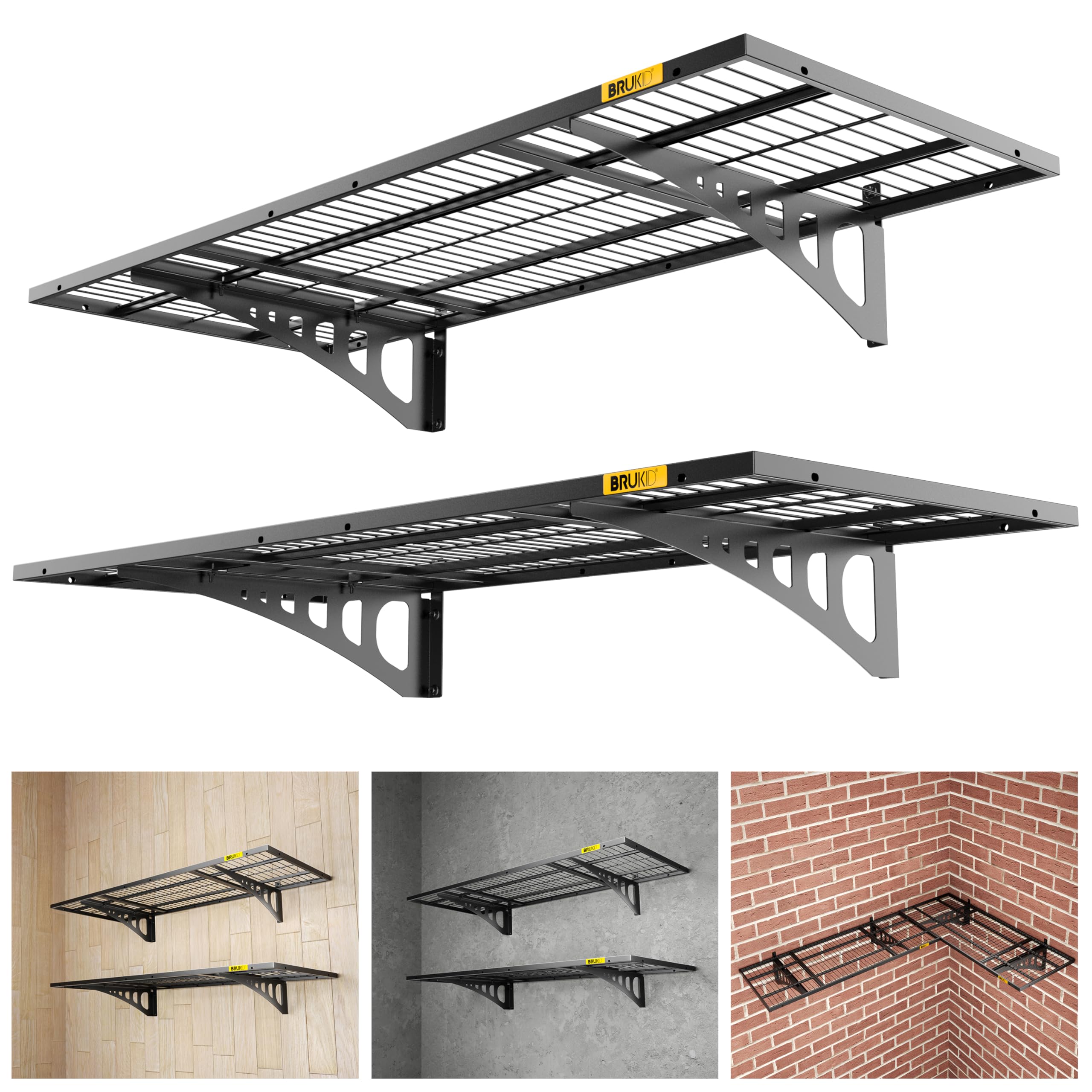 1.64x4ft Adjustable Wall Mounted Garage Storage Shelf - Heavy Duty Metal Shelving Rack for Tool Room, Storage Organization, Supermarket & Retail (2 Pack, Black) - Perfect for Garage, Basement, Workshop & Commercial Use