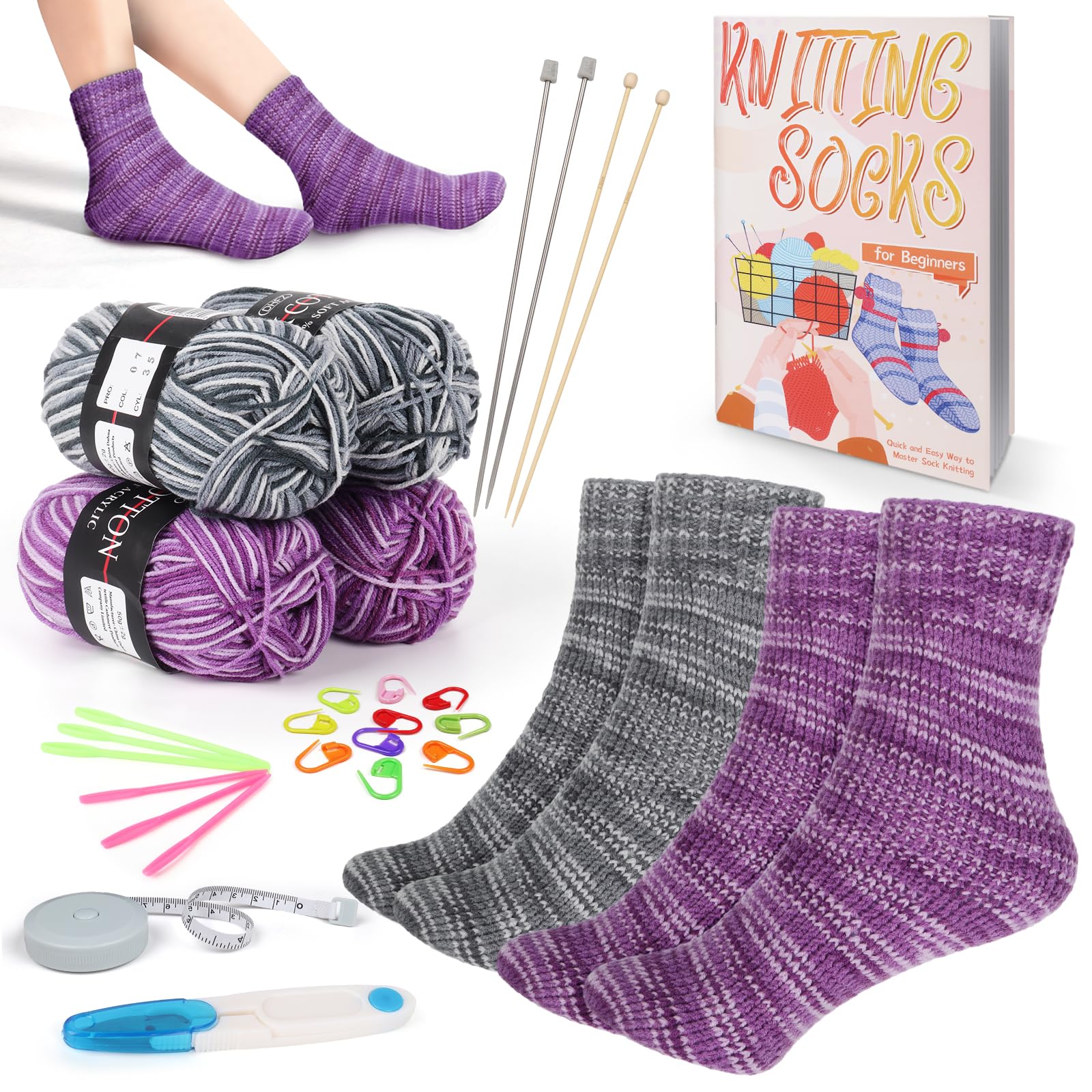 Coopay Complete Knitting Kit for Beginners - Easy Sock Knitting Starter Set with Needles, Yarn & Step-by-Step Instructions - Learn to Knit Various Sizes Socks for Adults & Teens (Gray & Purple) - Perfect for DIY Crafts, Relaxation & Handmade Gifts