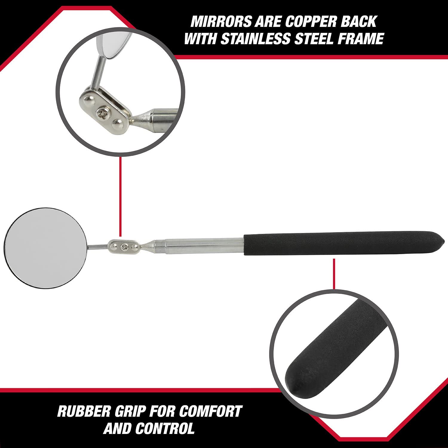 Hyper Tough Inspection Mirror - 360° Swivel & Extendable (8-17.5 Inches) | Perfect for Automotive, HVAC & Home Maintenance