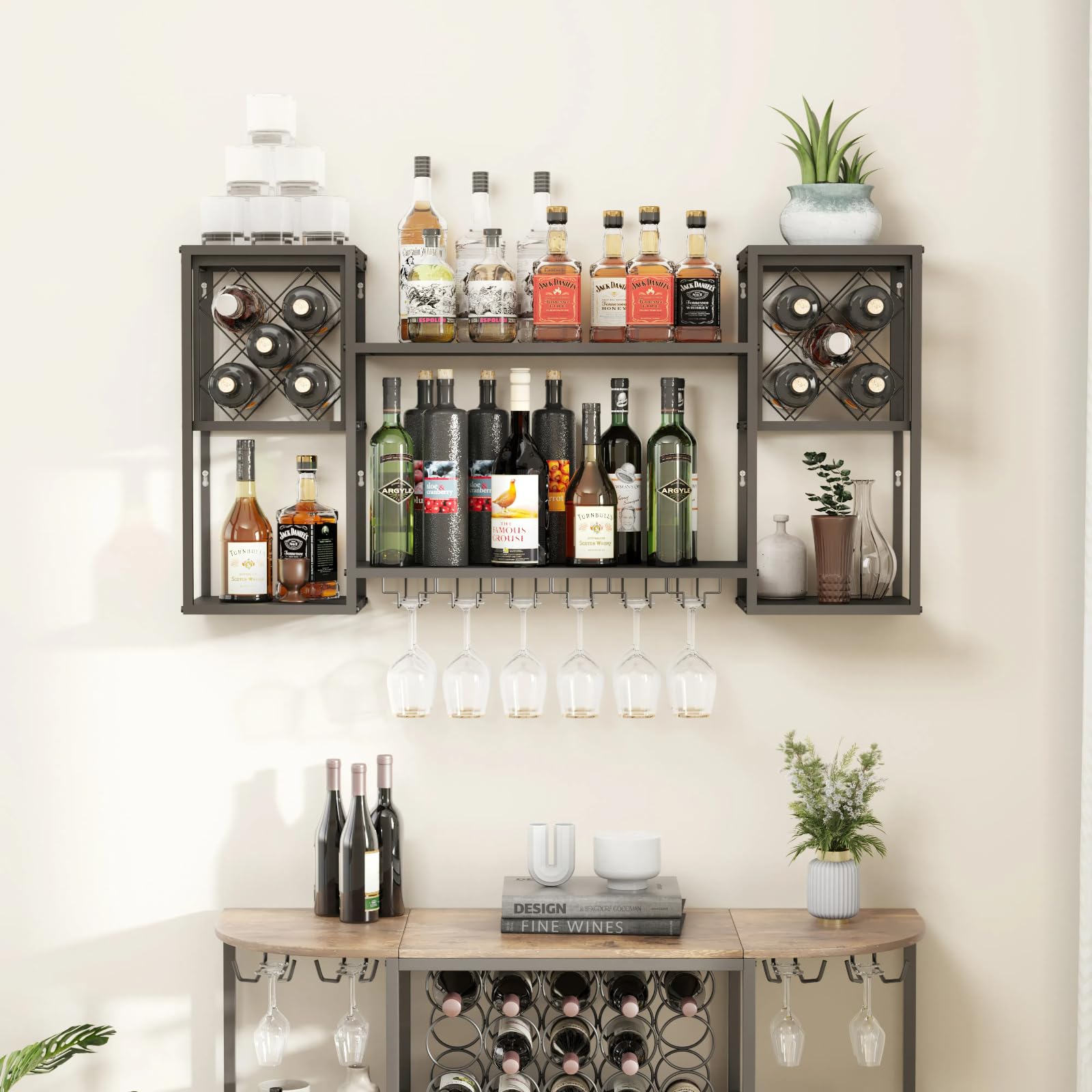 Wall Mounted Wine Rack with Glass Holder - 2 Tier Metal Floating Bar Shelf for Liquor Storage | Multi Functional Wine Display Rack for Home Bar, Dining Room & Kitchen | Perfect for Small Spaces & Entertaining Guests