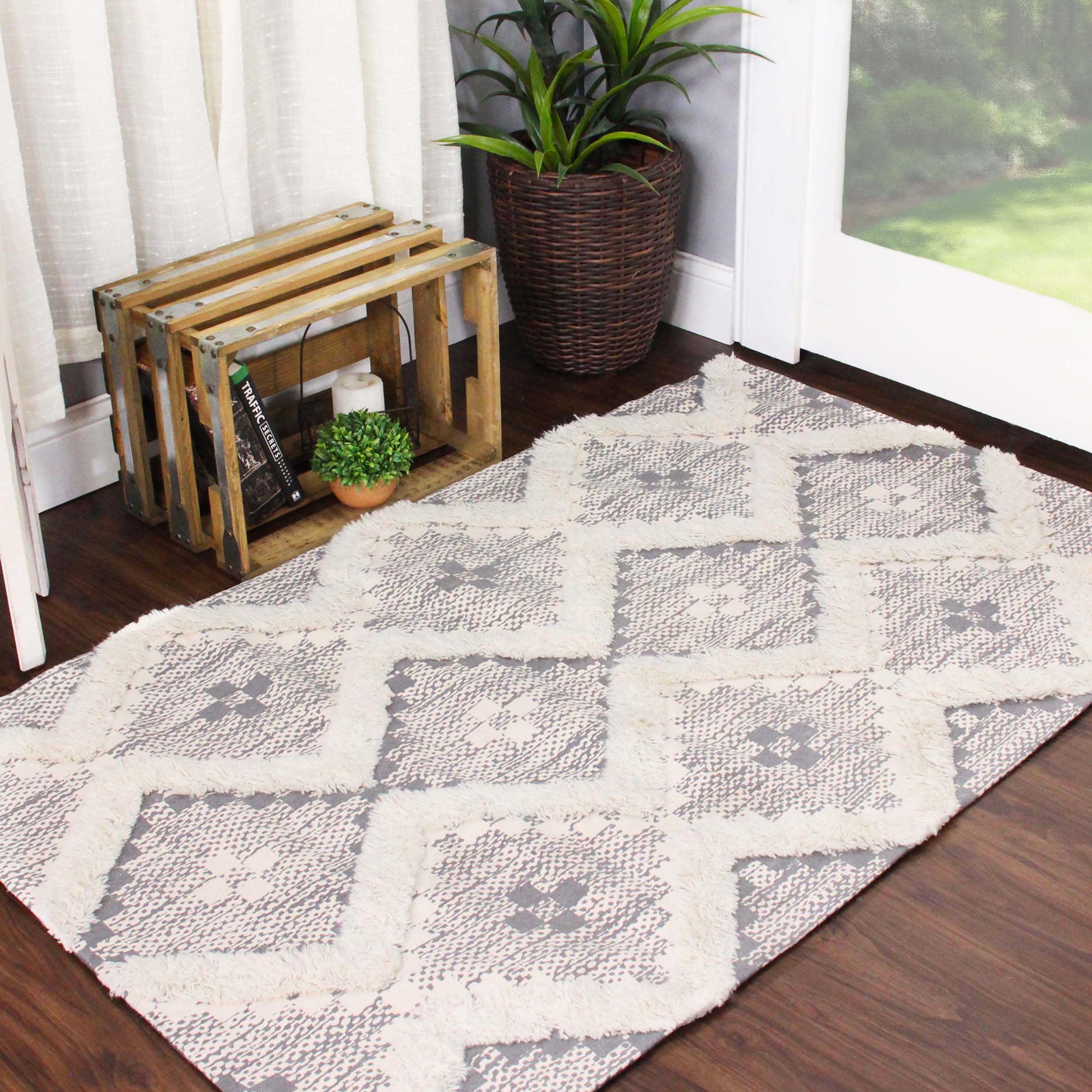 Hand Tufted Cotton Wool Geometric Farmhouse Area Rug - Soft Textured Boho Chic Rug for Living Room, Bedroom, Dining Room Decor