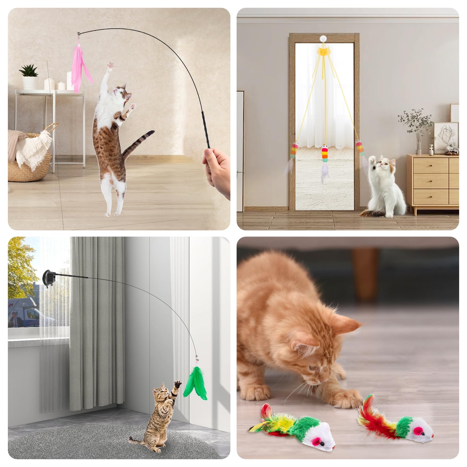 Depets Interactive Cat Wand Toy - 15 Pcs Feather Teaser Toy with 2 Play Modes & Reusable Suction Cup for Indoor Cats & Kittens | Perfect for Exercise, Playtime & Bonding with Your Feline Friend
