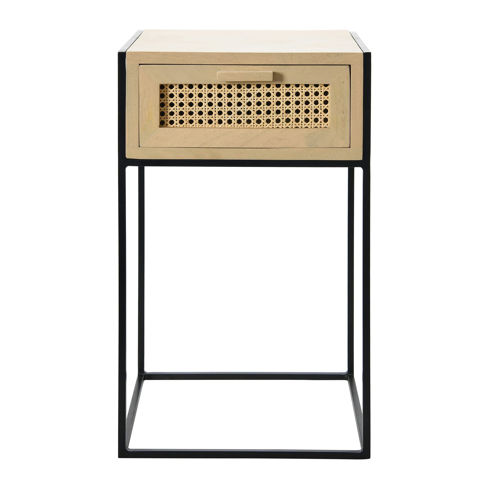Natural Cane & Mango Wood Square End Table with Drawer - Rustic Nightstand or Bedside Table for Living Room, Bedroom, Nursery - Handwoven Rattan Drawer Front