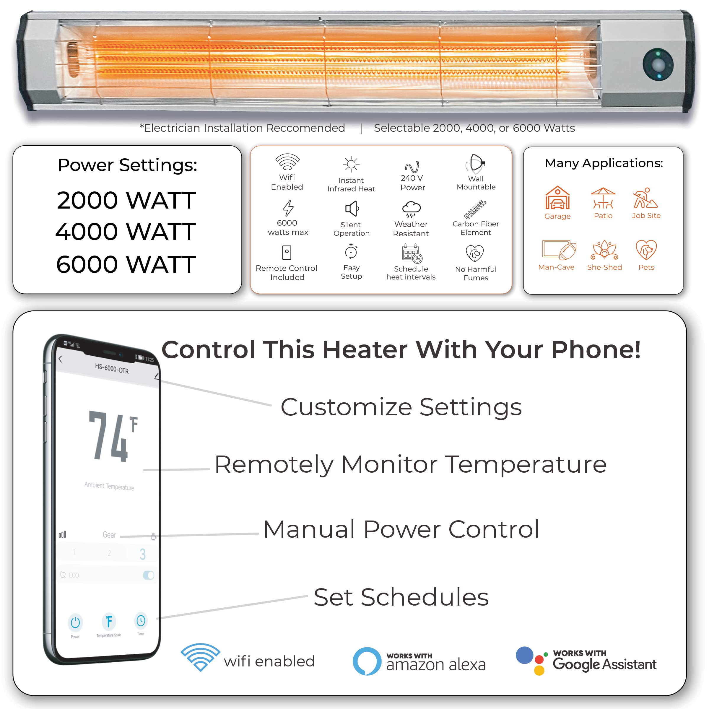 Heat Storm 6000W Wi-Fi Infrared Space Heater - Weatherproof, Silent, 240V Electric Heater with Motion Sensor, Gray - Perfect for Garages, Workshops & Large Indoor Spaces