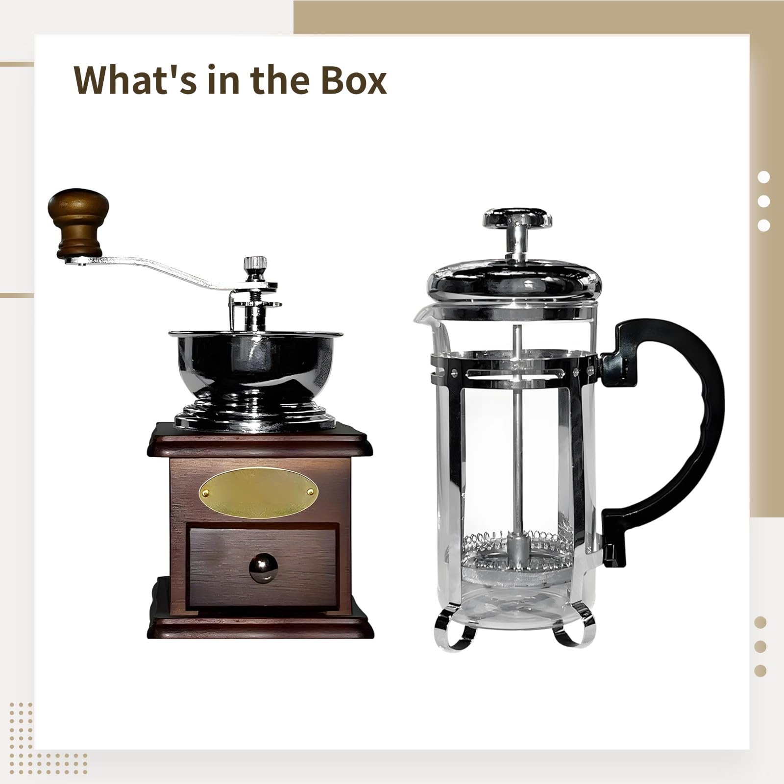 Premium Burr Coffee Grinder & French Press Set - Stainless Steel & Wood Design for Smooth Brewing, Adjustable Coarse to Fine Grind, Ideal for Home, Office & Camping | Compact 7.9 x 5.1 x 2.6 Inches | Perfect Gift for Coffee Lovers & Baristas | Morning Brew, Afternoon Relaxation & Outdoor Adventures