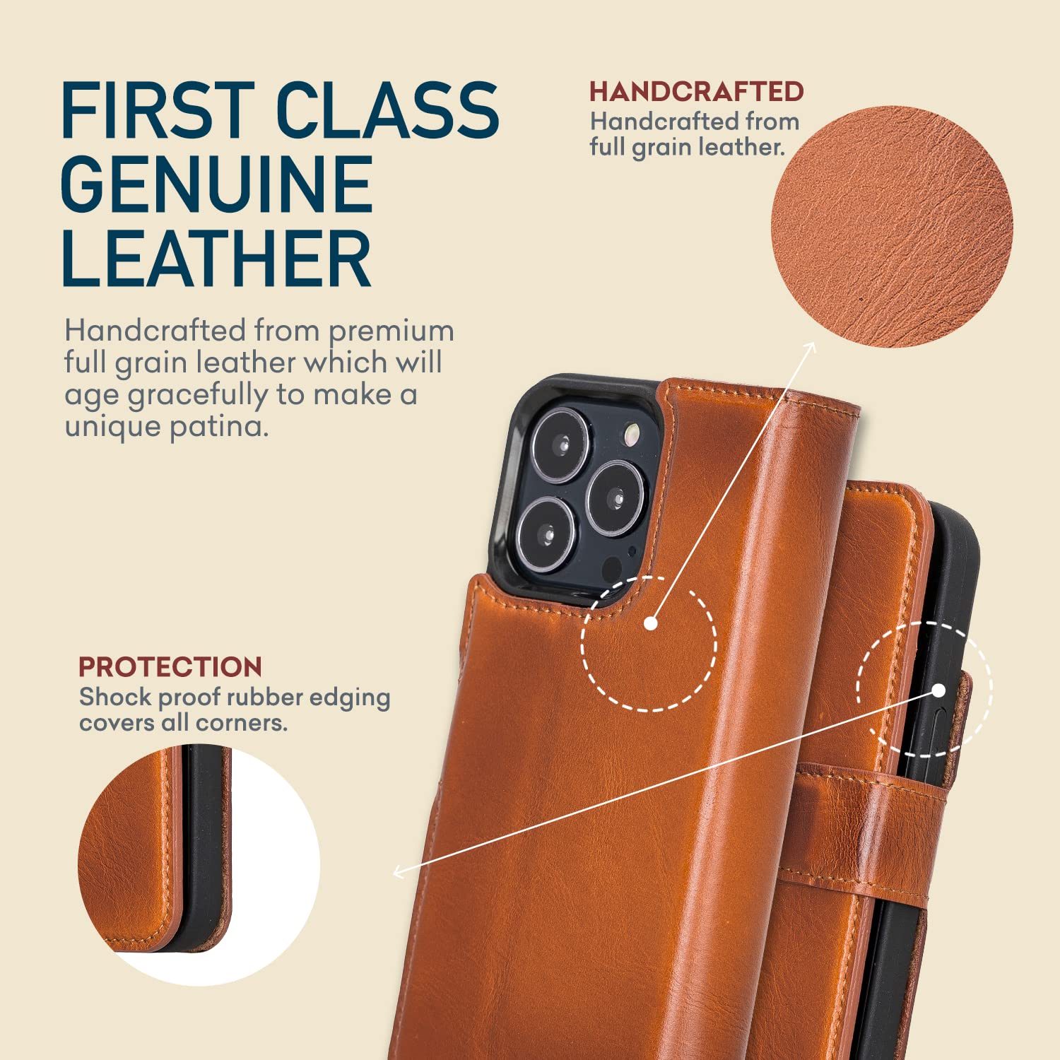 Bayelon Premium Full Grain Leather Wallet Case for iPhone 13 Pro - Magnetic Detachable Flip Cover with Card Slots & Kickstand | MagSafe Compatible | Rustic Tan | Perfect for Business Travel & Daily Use