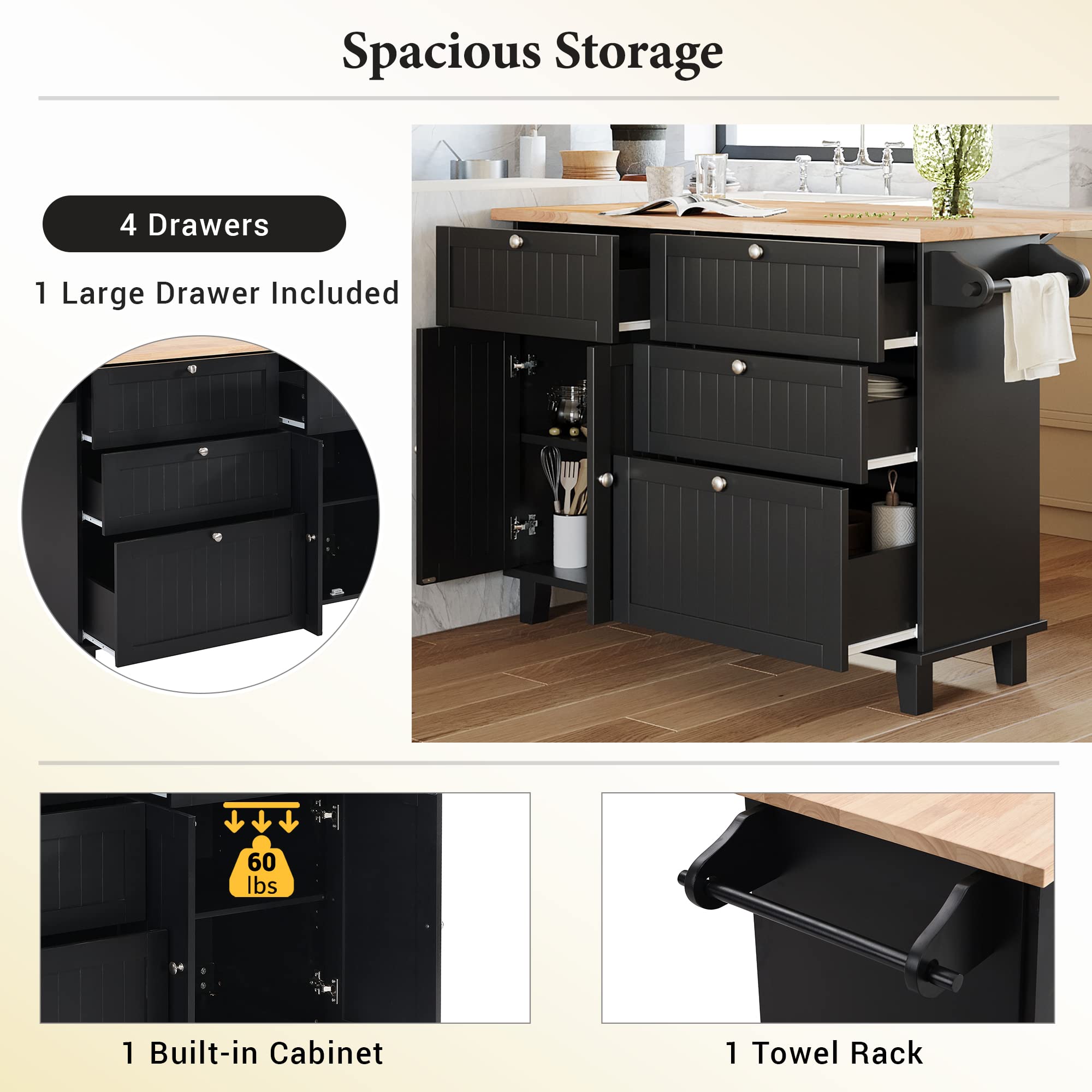 Farmhouse Kitchen Island Set with Drop Leaf & 2 Seats - Dining Table with Storage Cabinet, Drawers & Towel Rack - Rustic Kitchen & Dining Room Furniture (Black) - Perfect for Small Space Cooking, Entertaining & Extra Storage
