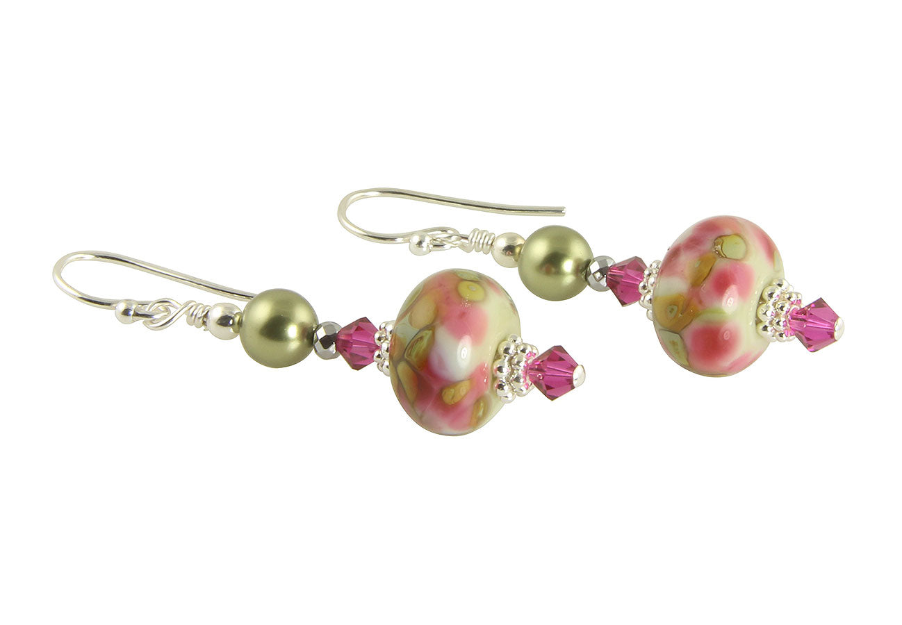 Handmade Olive Pink Lampwork Glass Bead Earrings for Women - Boho Chic Dangle Earrings for Casual Wear, Parties & Gifts