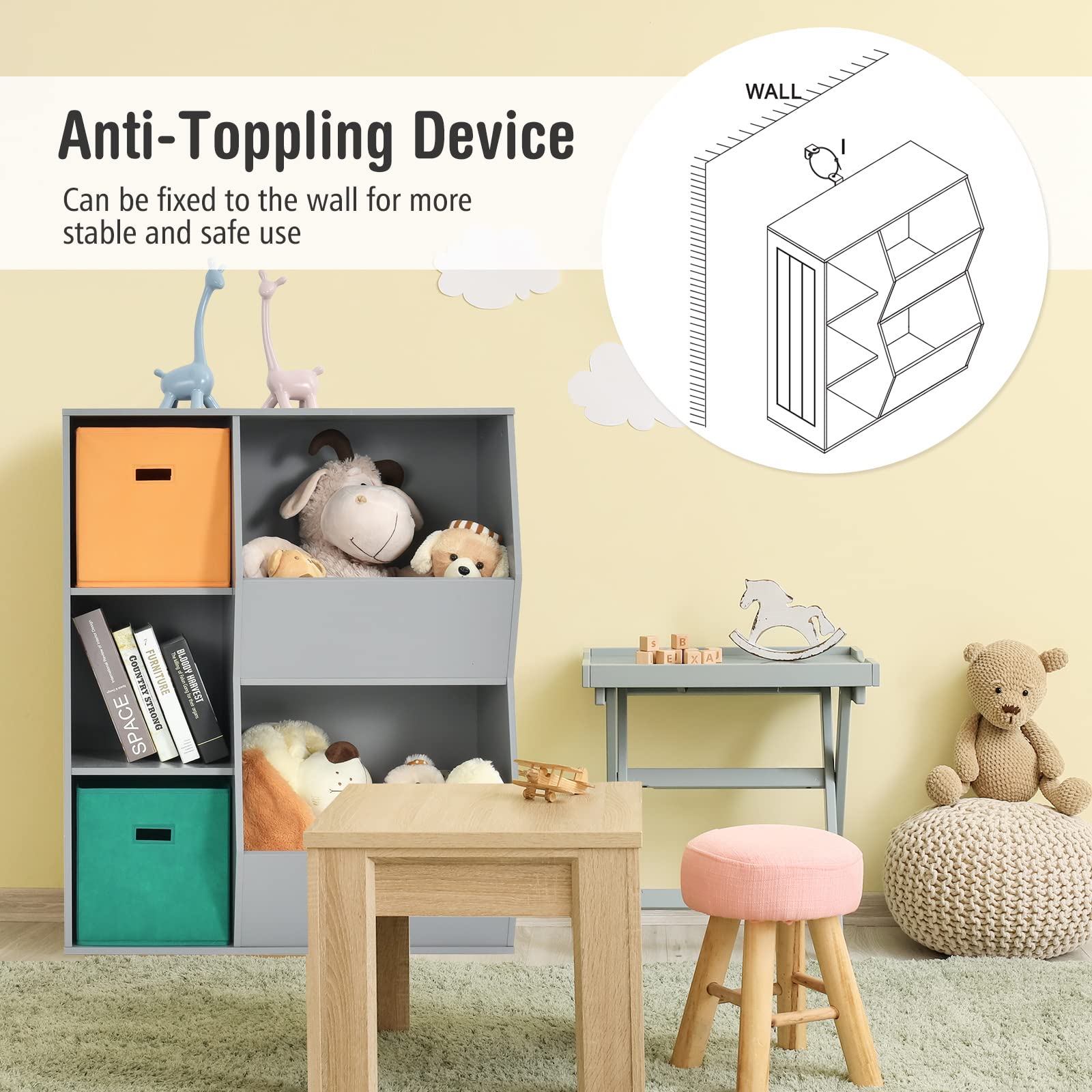 Costzon 5-Cubby Wooden Toy Storage Organizer with Bookcase & Bins - Kids Bookshelf & Toy Storage Cabinet for Toddlers - Playroom, Nursery, Daycare & Living Room Organization (Gray)