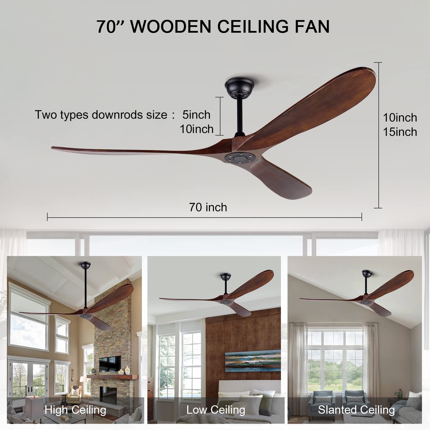 72 Inch Large Wood Ceiling Fan Without Lights - Remote Control, 6 Speeds, Quiet DC Motor - Deep Walnut Blades - Perfect for Patio, Porch, Living Room & Office - BOJUE Outdoor Ceiling Fan