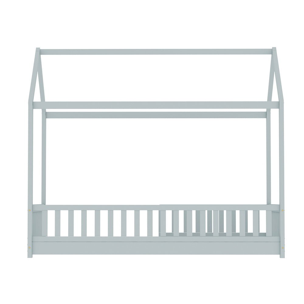 House Style Kids Single Bed Frame - Sturdy Grey Wooden Bed for Children's Room, Toddler Bedroom Furniture, Perfect for Small Spaces and Sleepovers