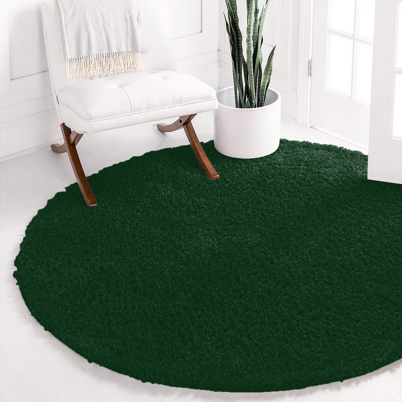 Fluffy Round 3ft Shag Circle Rug - Super Soft Plush Forest Green Accent Carpet for Bedroom, Living Room, Nursery | Non-Slip Modern Throw Rug for Cozy Home Decor & Kids Play Area
