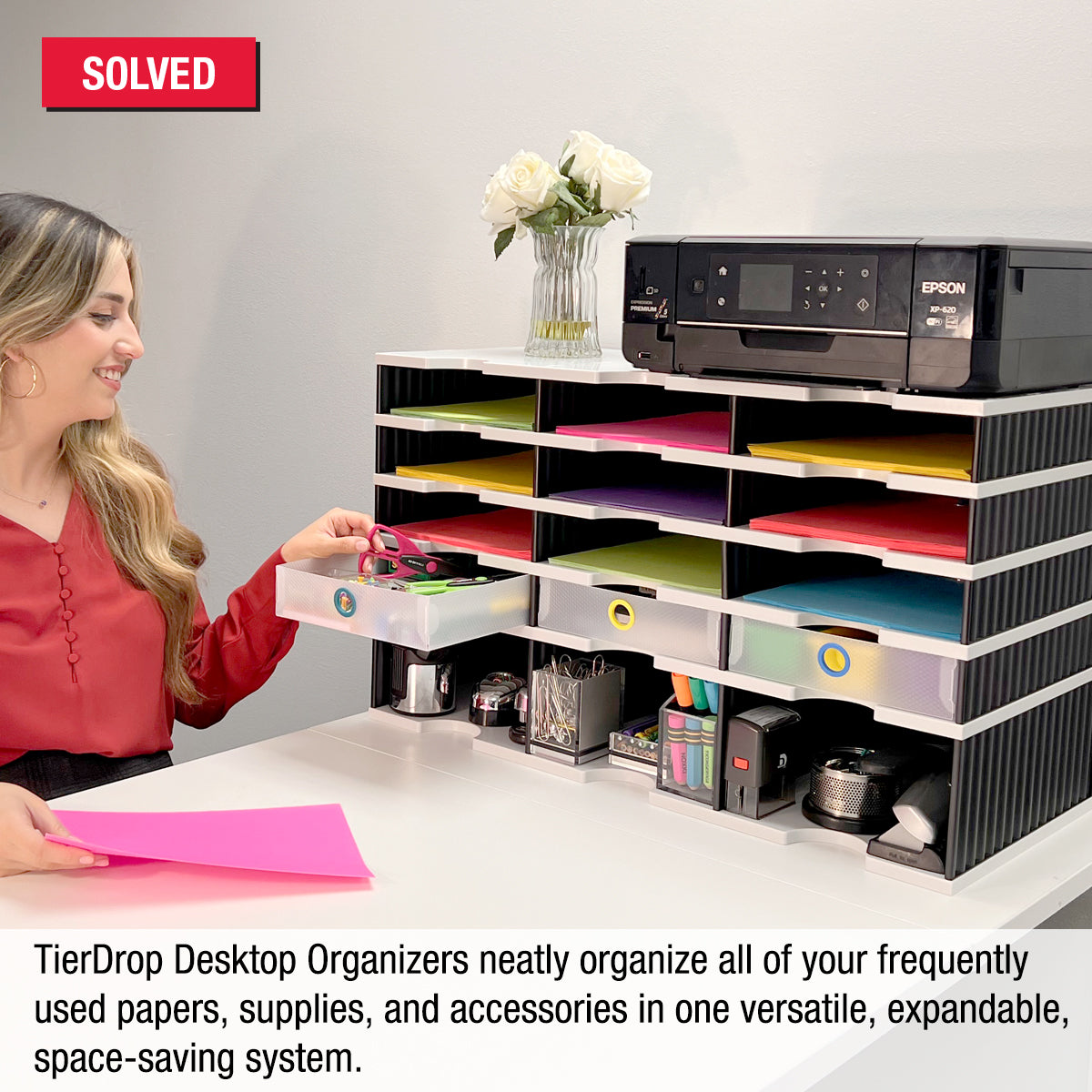 12-Letter Tray Desktop Organizer with Riser Base & 3 Drawers - Modular Office Storage System for Files, Documents & Supplies | Perfect for Home Office, Workspace & School Organization