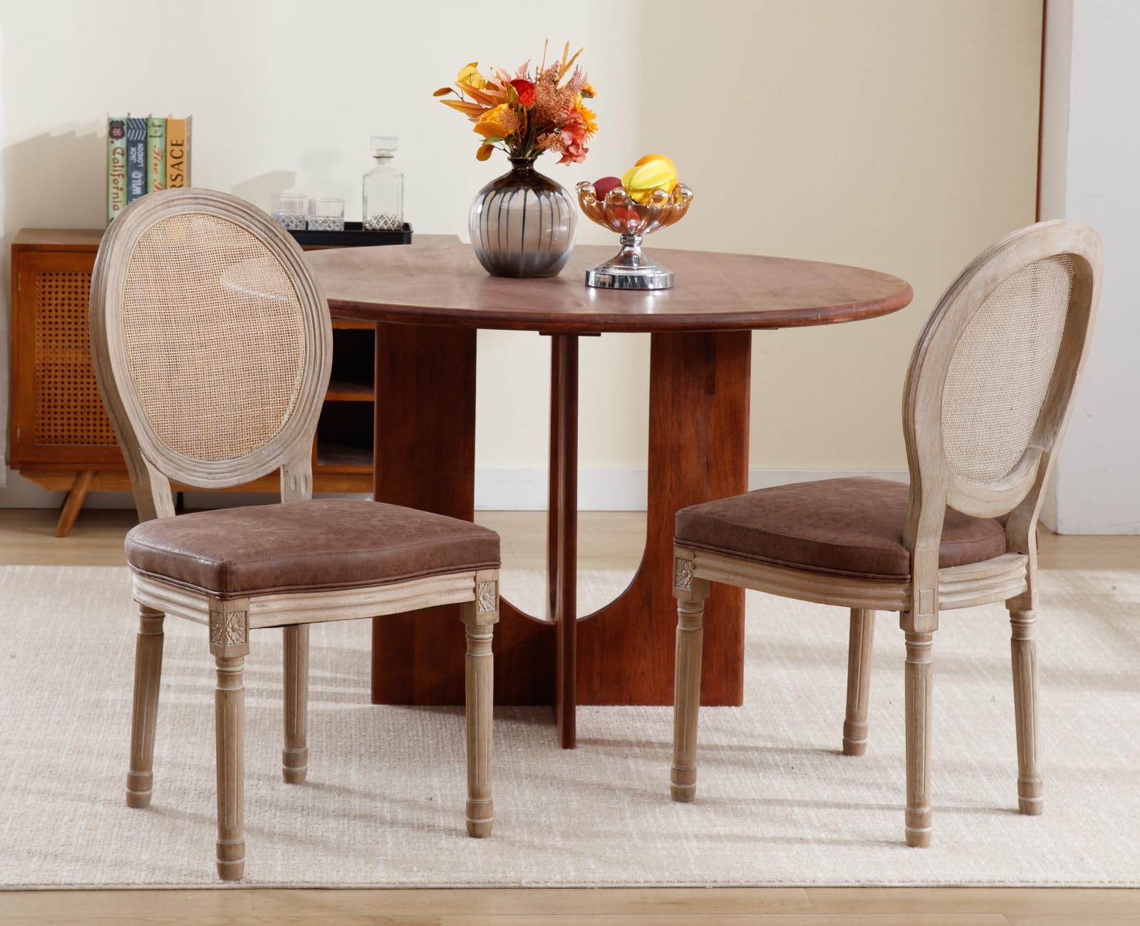 Farmhouse Rattan Dining Chairs Set of 2, Brown Leather French Country Style Round Back Side Chairs for Kitchen, Restaurant, Dining Room & Living Room - Perfect for Indoor Dining, Entertaining Guests & Home Decor