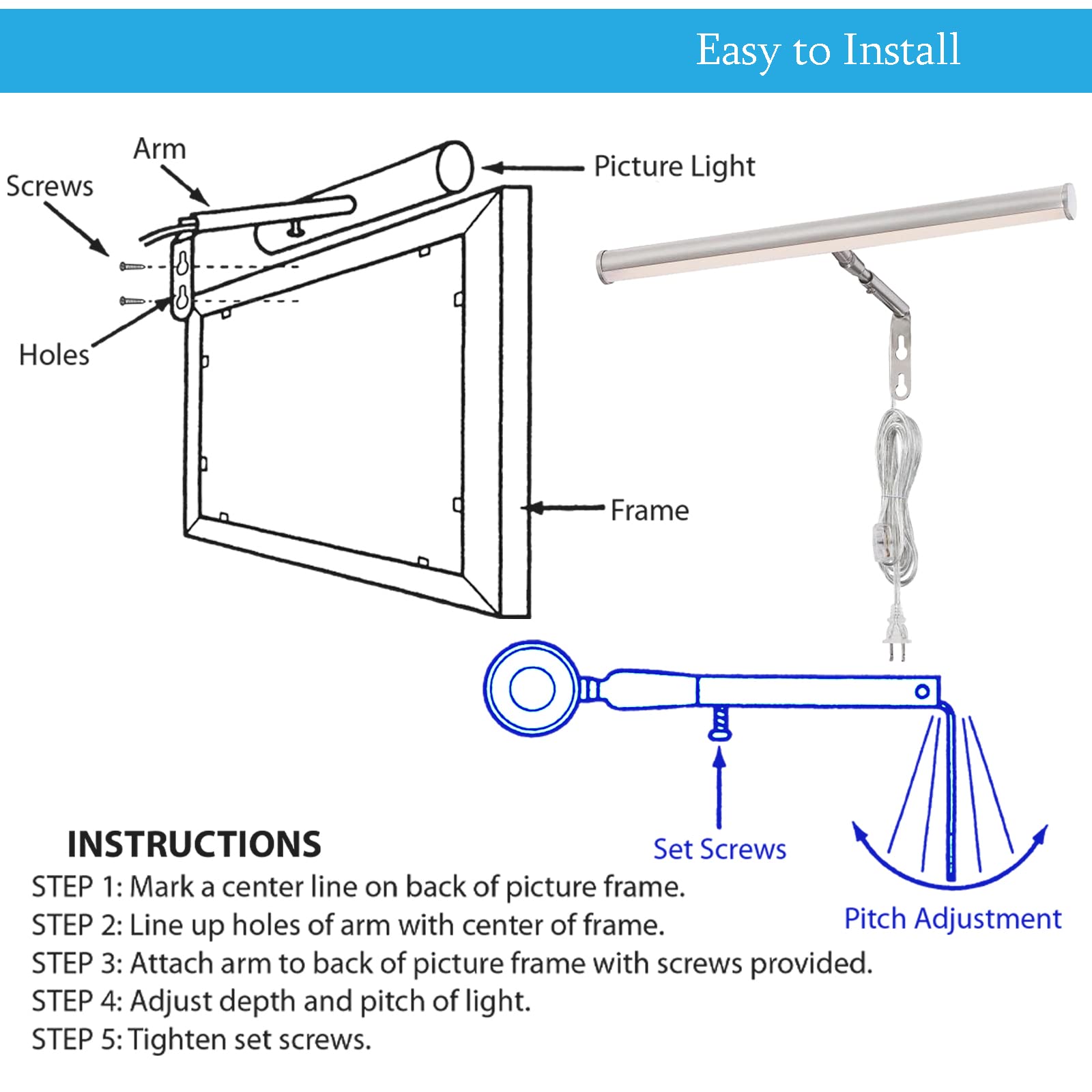 Ciata 14-Inch LED Picture Light for Wall Art - 3000K Warm White, 4W Adjustable Metal Frame Light with Inline On/Off Switch, 90+ CRI, Brushed Nickel Finish - Perfect for Galleries, Museums & Home Decor