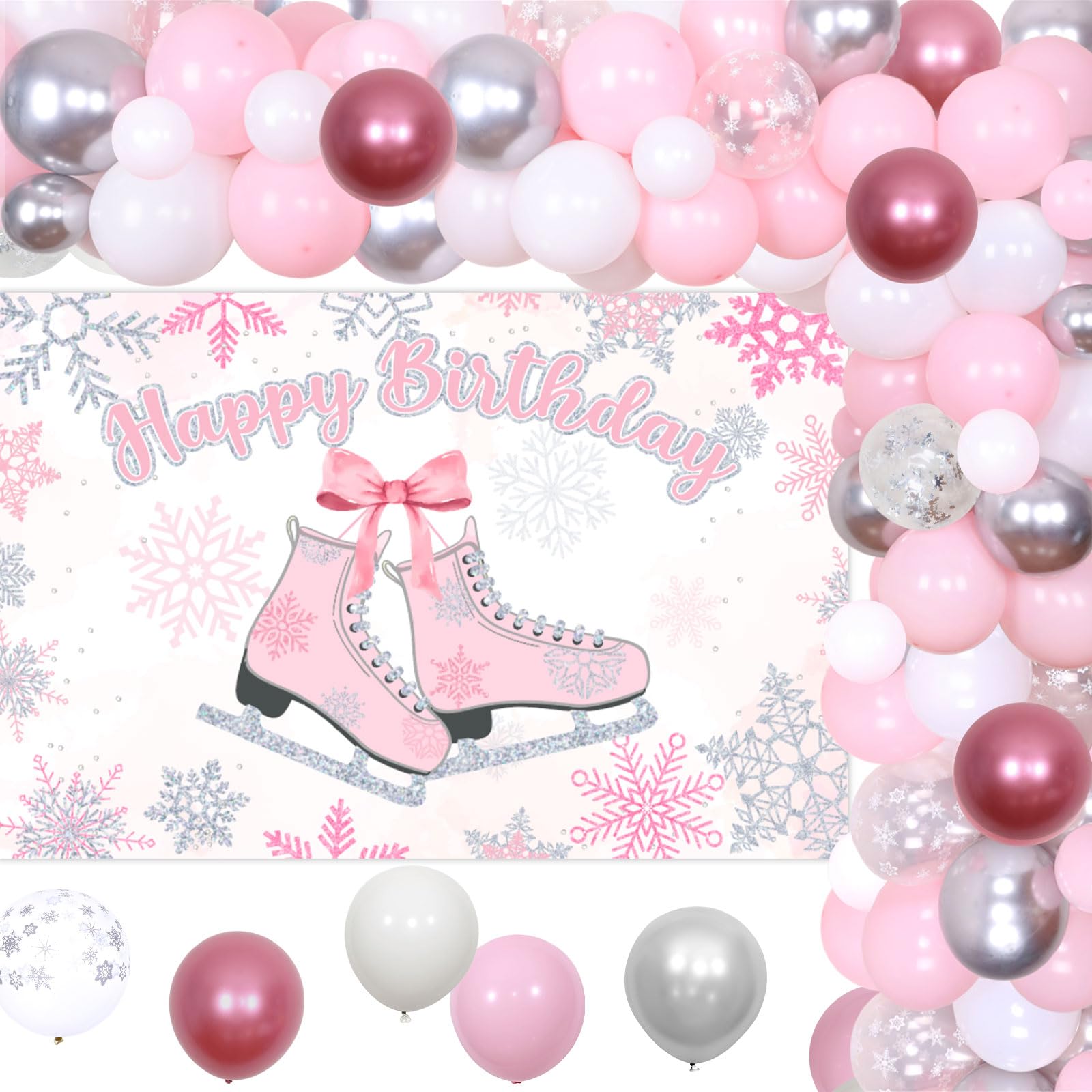Pink Ice Skating Birthday Party Decorations for Girls - Winter Snow Theme Party Supplies with Happy Birthday Backdrop - Perfect for Ice Skating Themed Parties, Winter Celebrations & Snow Princess Birthday Decorations