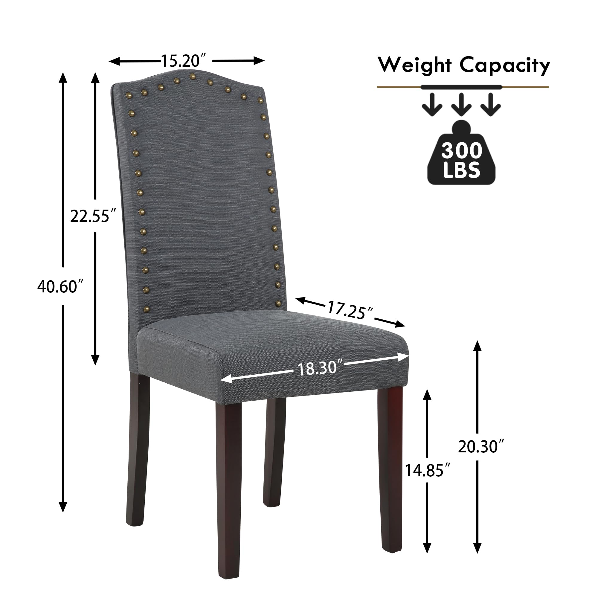 LSSBOUGHT Set of 2 Upholstered Parsons Dining Chairs - Dark Gray Fabric Kitchen Chairs with Solid Wood Frame & Nailhead Trim - Perfect for Dining Room, Kitchen, or Breakfast Nook
