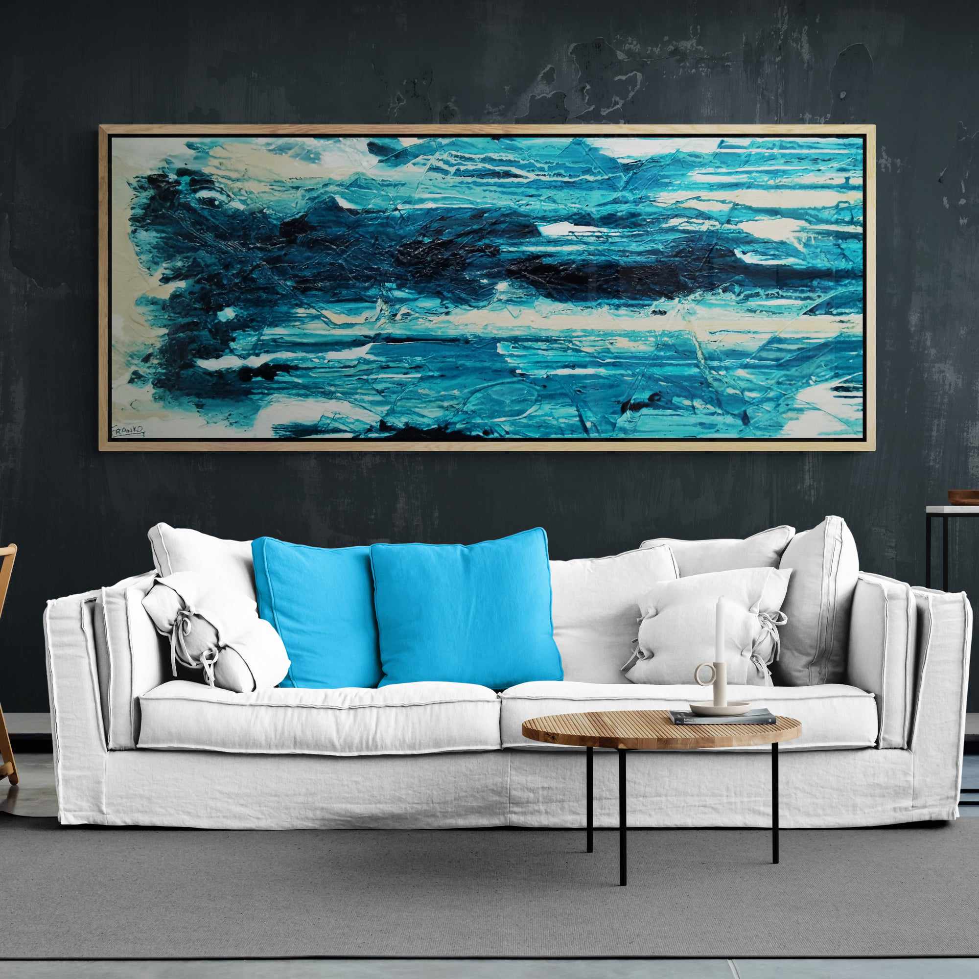 200cm x 80cm Teal Cream White Textured Abstract Wall Art Painting - Modern Malted Southern Style for Living Room, Bedroom & Office Decor