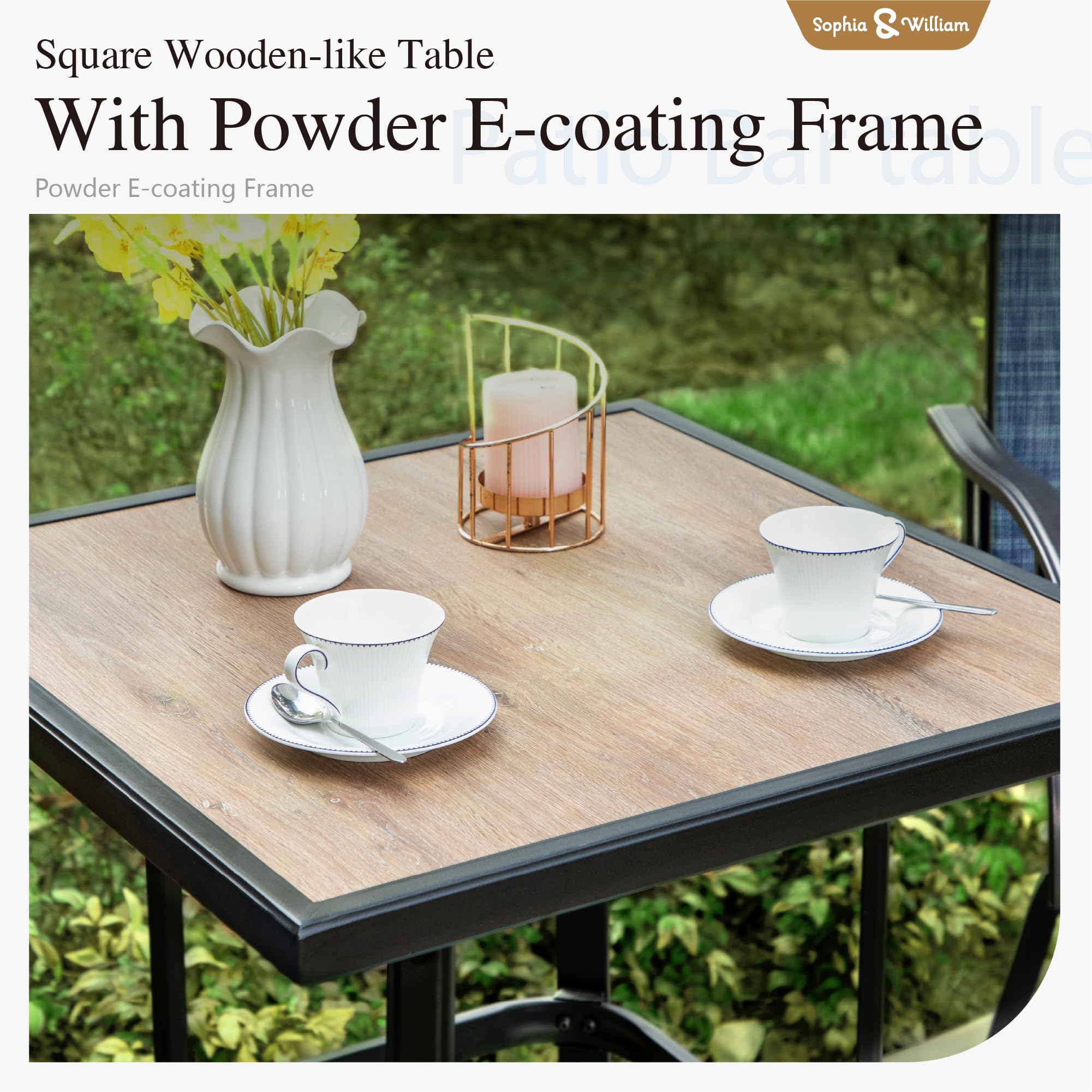Sophia & William Outdoor Bar Set - 2 Swivel Bar Stools & 1 Square Bar Table (Grey & Wood-Like Finish) - Durable Patio Furniture for Backyard, Deck, Poolside, Garden - Perfect for BBQs, Outdoor Parties, Relaxing & Entertaining - Weather-Resistant Outdoor Dining Set for Home & Commercial Use