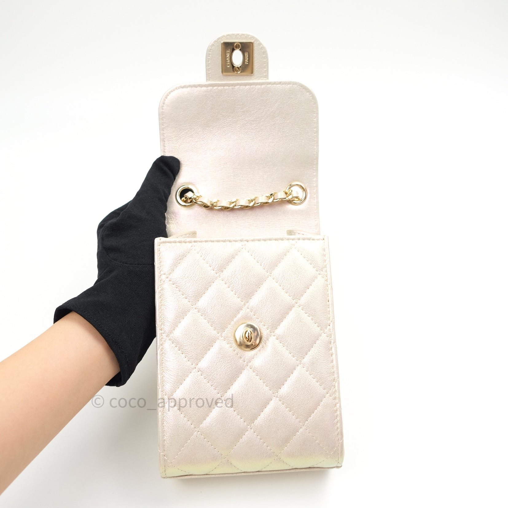 Chanel Classic Ivory Iridescent Gold Hardware Phone Holder - Luxury Designer Phone Case for iPhone & Samsung - Perfect for Parties, Travel & Everyday Use