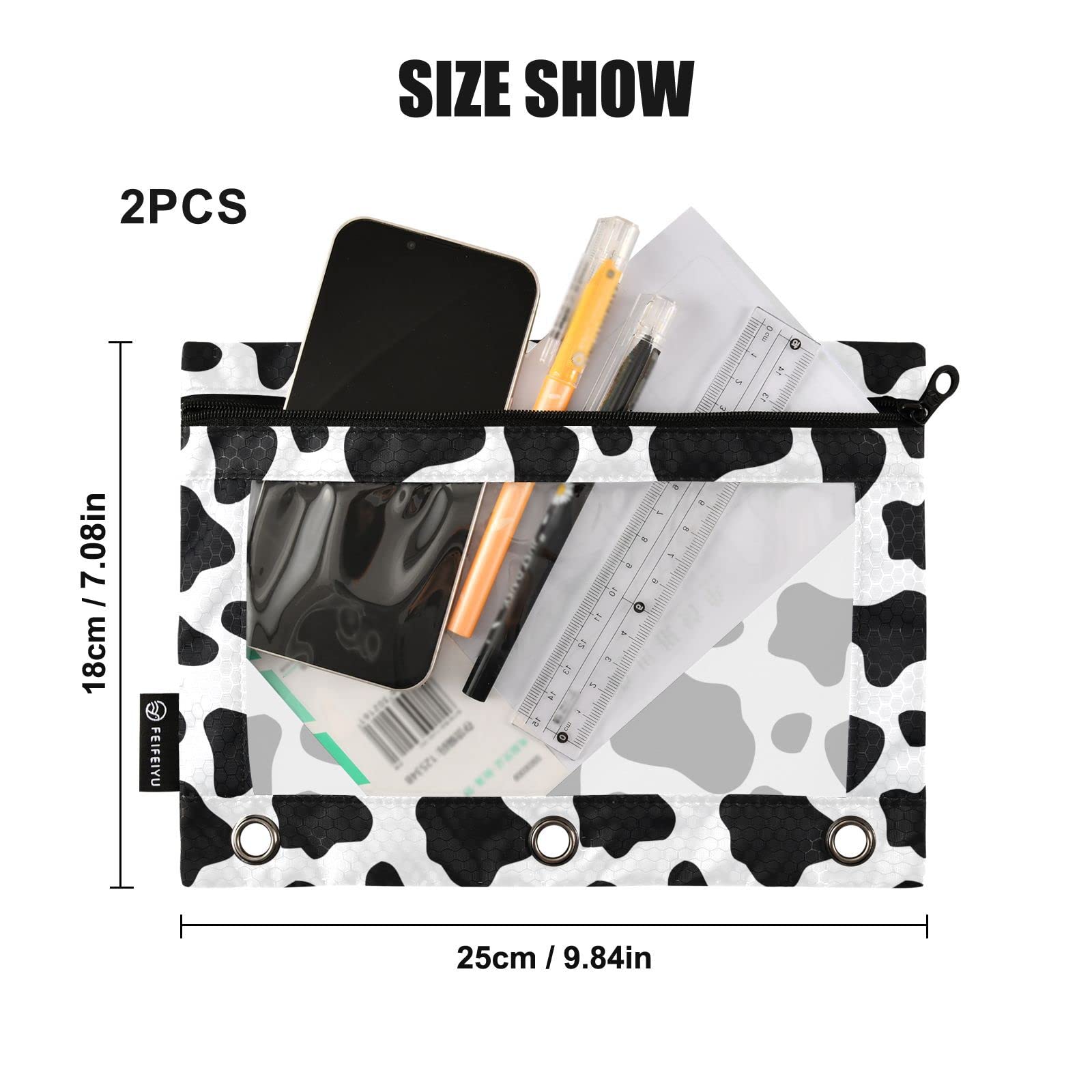 ALAZA Black and White Cow Print 3-Ring Binder Pencil Pouch with Clear Window - 2 Pack Zippered Pencil Case for School, Office & College Supplies - Perfect for Organizing Pens, Makeup & Stationery