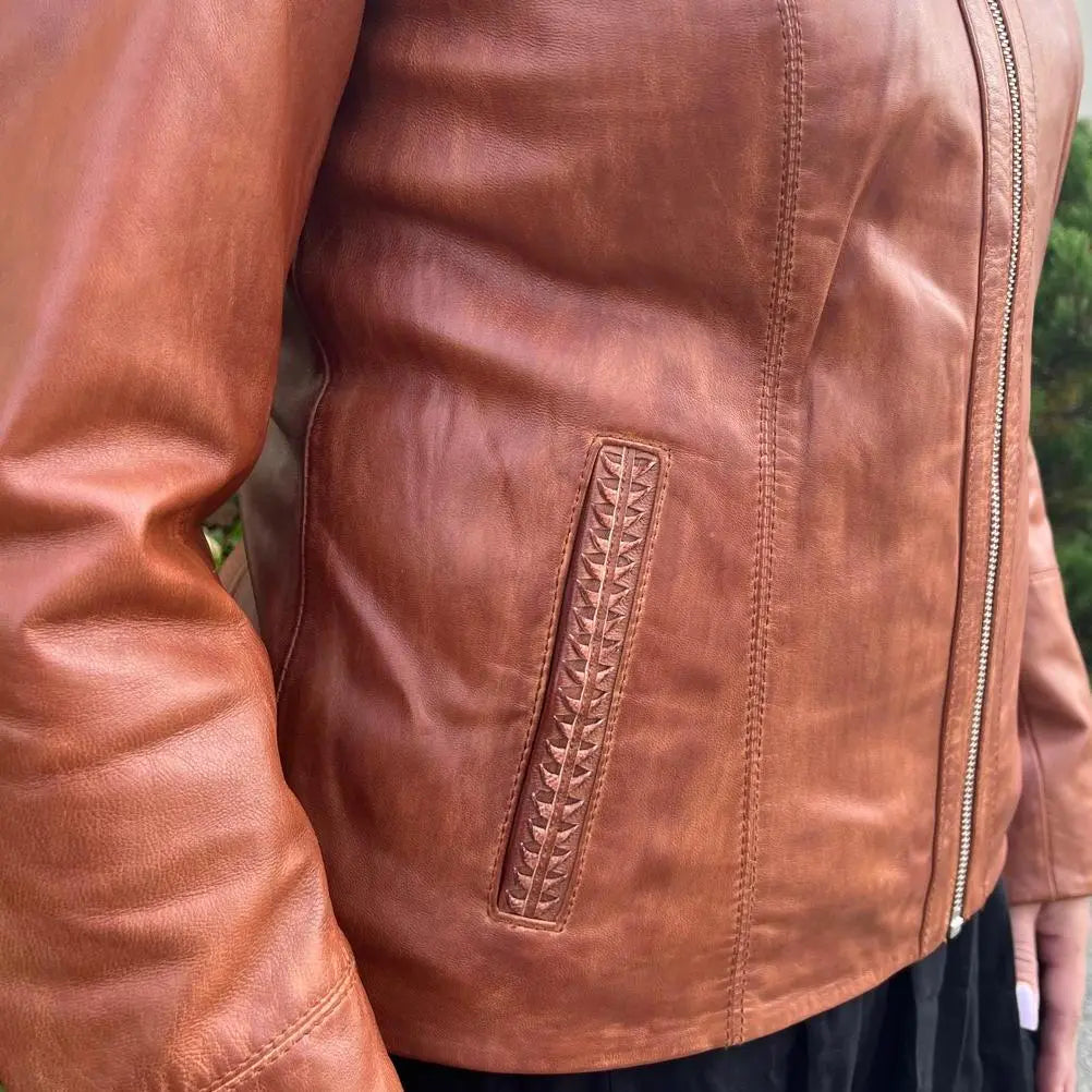 Classic Women's Lamb Leather Zip Jacket with Woven Pocket Design - Stylish Outerwear for Fall & Winter | Perfect for Casual Outings, Office Wear & Date Nights