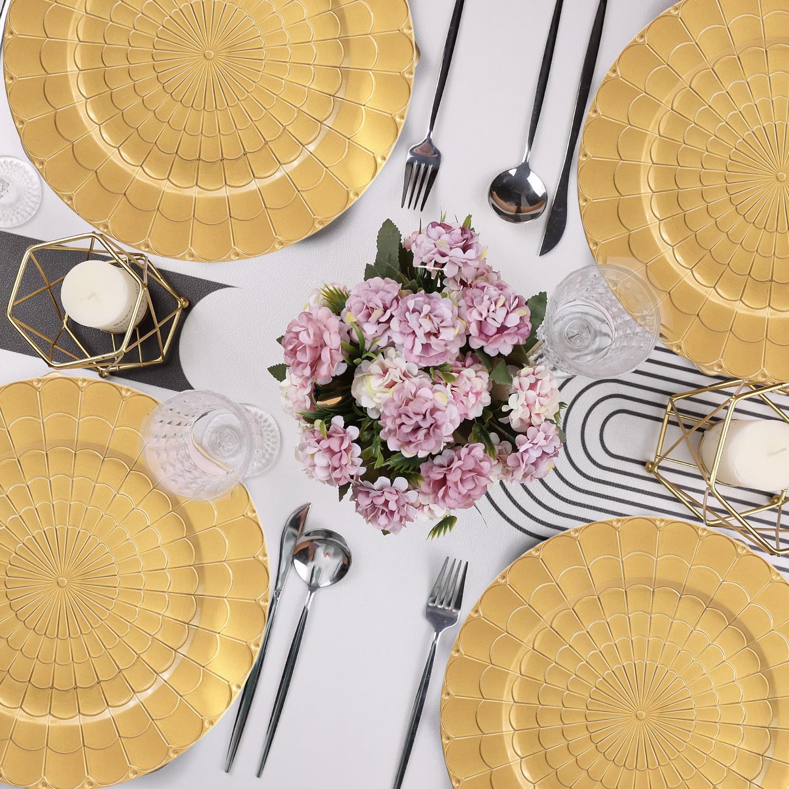 12-Pack Gold Plastic Charger Plates - Elegant Decorative Dinner Plates for Holiday Table Settings, Thanksgiving & Christmas Celebrations - Perfect for Weddings, Parties & Formal Dining Events