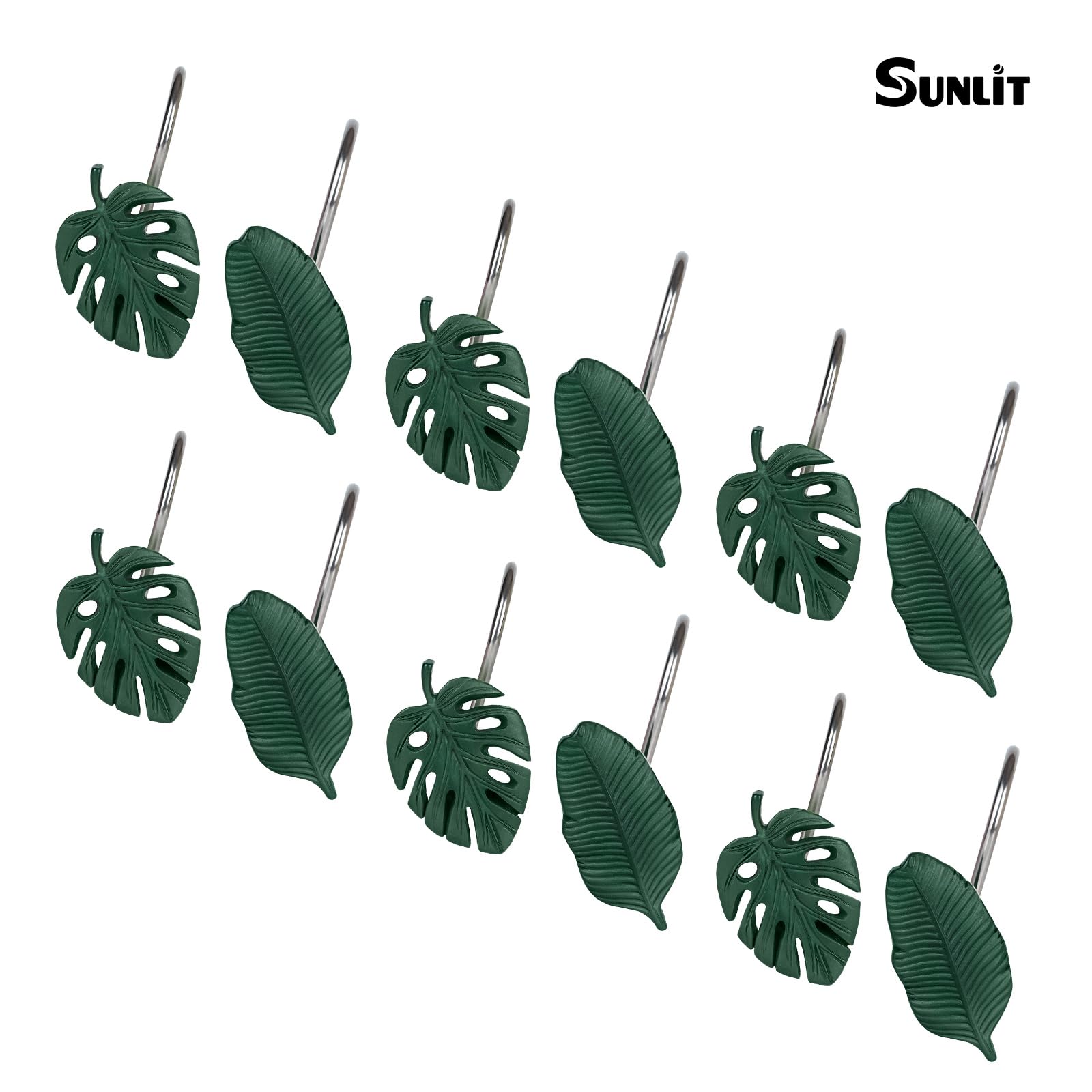 Tropical Leaf Shower Curtain Hooks - Set of 12 Dark Green Botanical Bathroom Accessories with Monstera & Bird of Paradise Design, Durable Resin Shower Rings for Spa-Like Bathroom Decor