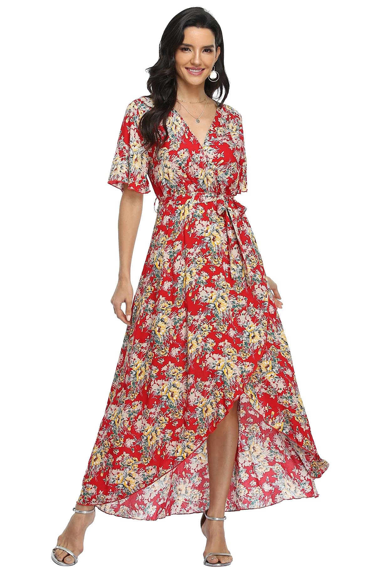 Vintage Floral Wrap Dress for Women - V Neck High Low Maxi Summer Dress | Boho Chic Casual Outfit for Beach, Party & Vacation