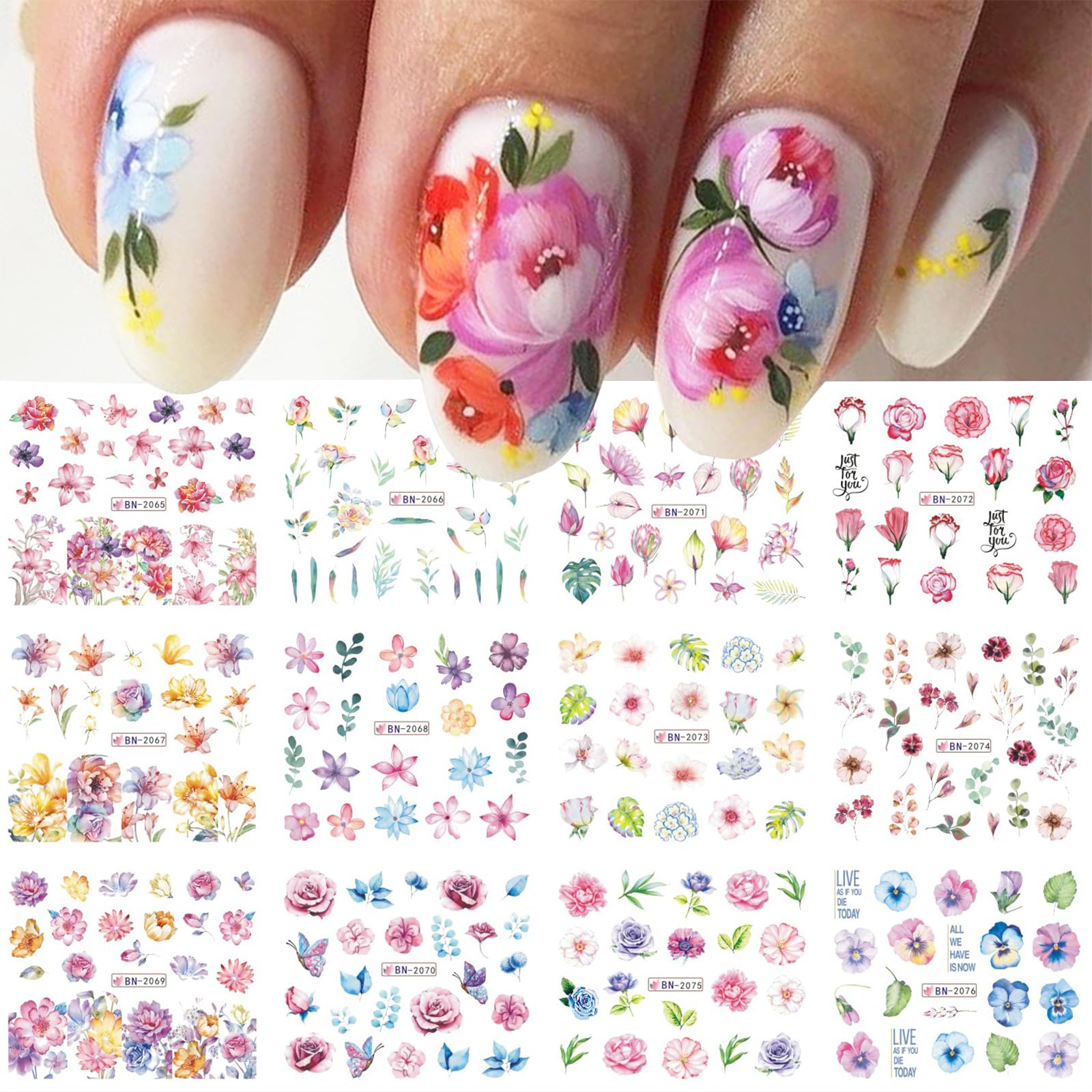 12 Sheets Holographic Flower Water Transfer Nail Decals - DIY Nail Art Stickers with Blooming Flowers & Colorful Leaves - Pink Floral Manicure Designs for Women & Girls - Perfect for Parties, Weddings, and Special Occasions