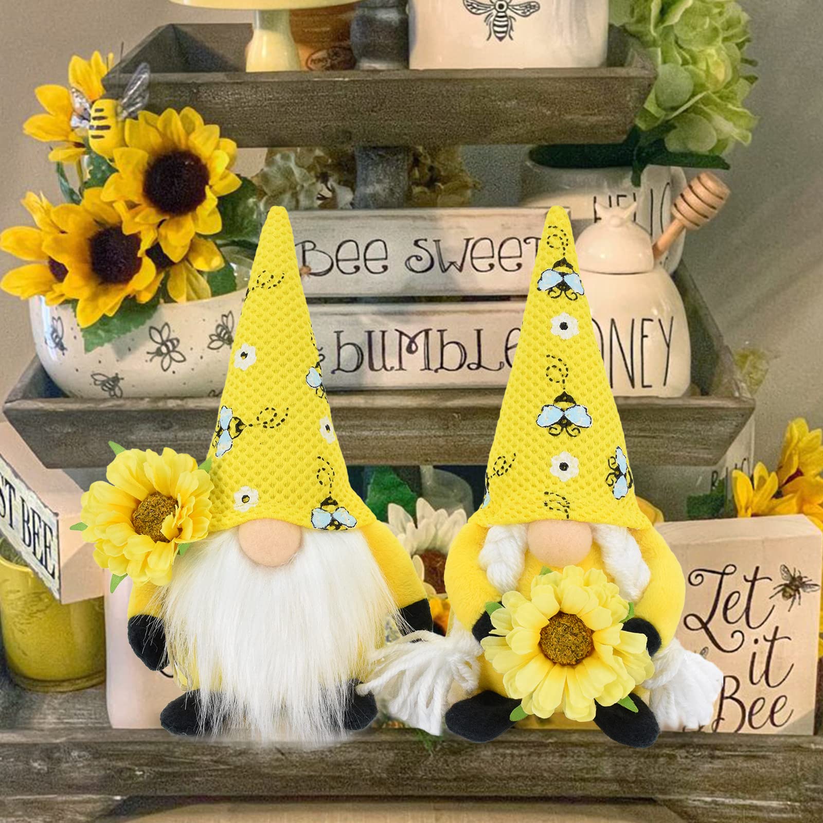 2 Pack Bumble Bee Gnome Plush Decor - Cute Swedish Tomte Nisse Doll with Sunflower for Spring Summer Home Decor | Perfect for Tiered Trays, Garden, Nursery & Seasonal Display