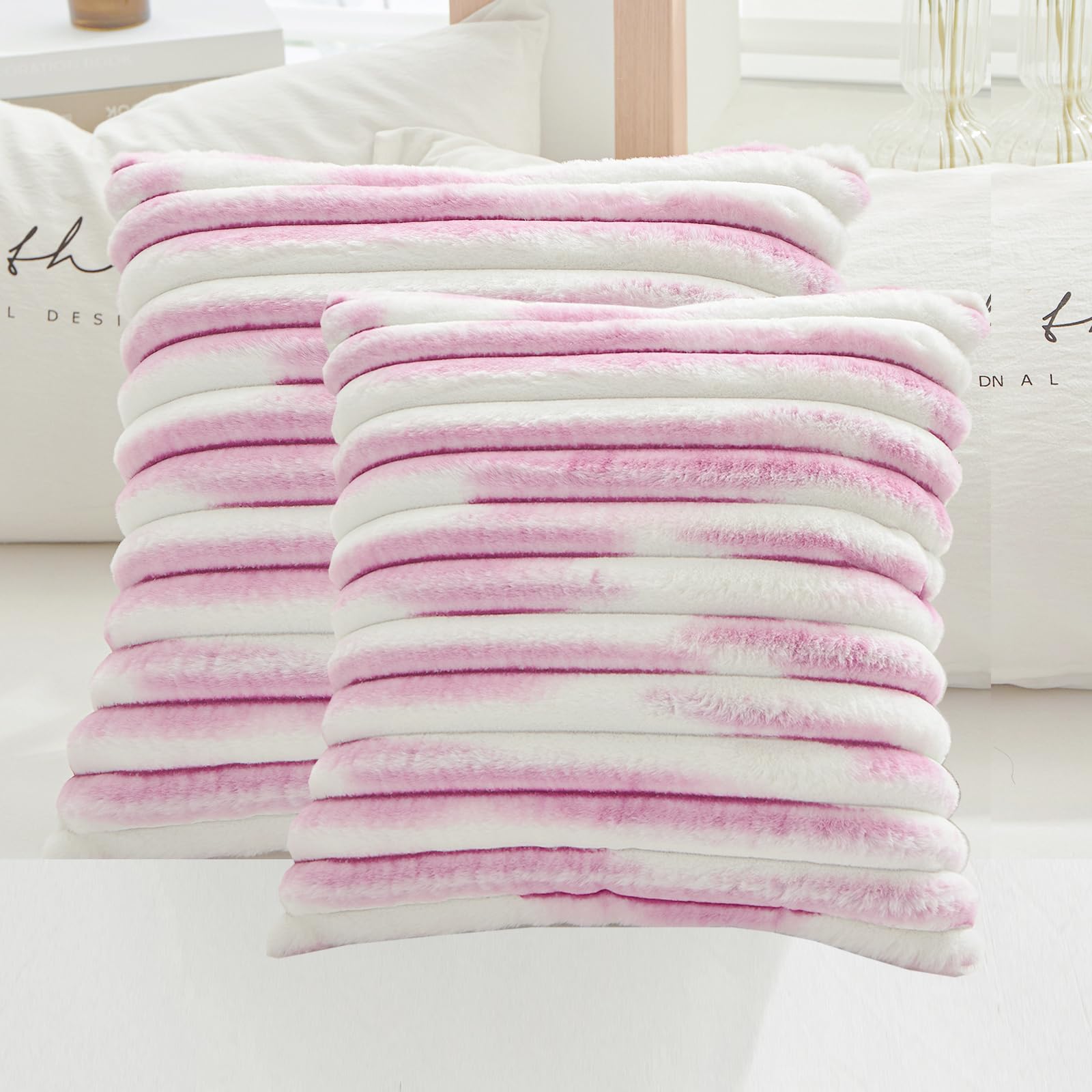 Luxury Faux Fur Plush Striped Throw Pillow Covers Set of 2 - 18x18 Inch Soft Cozy Decorative Cushion Covers for Living Room, Bed, Sofa - Blush Pink Gradient - Perfect for Home Decor, Gifts & Cozy Winter Nights