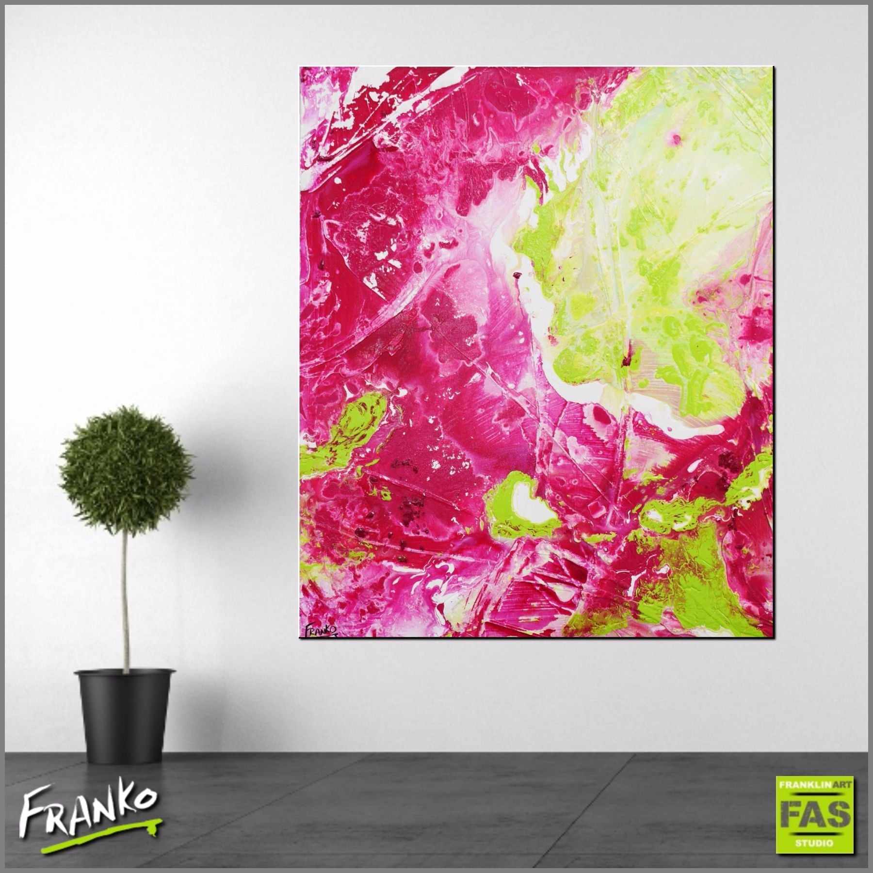 Magenta Lime Wash 120cm x 100cm Pink Green Abstract Wall Art Painting - Modern Home Decor for Living Room, Bedroom & Office