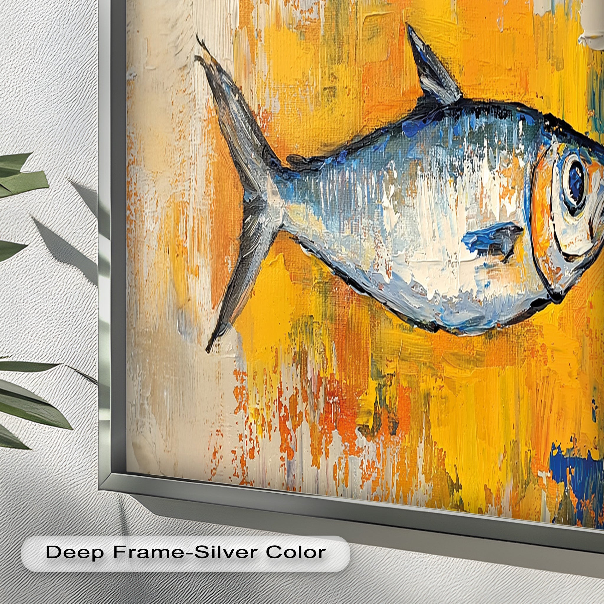 Blue Fish on Vibrant Yellow Background Animal Oil Painting - Handmade Wall Art Decor for Living Room, Bedroom & Office