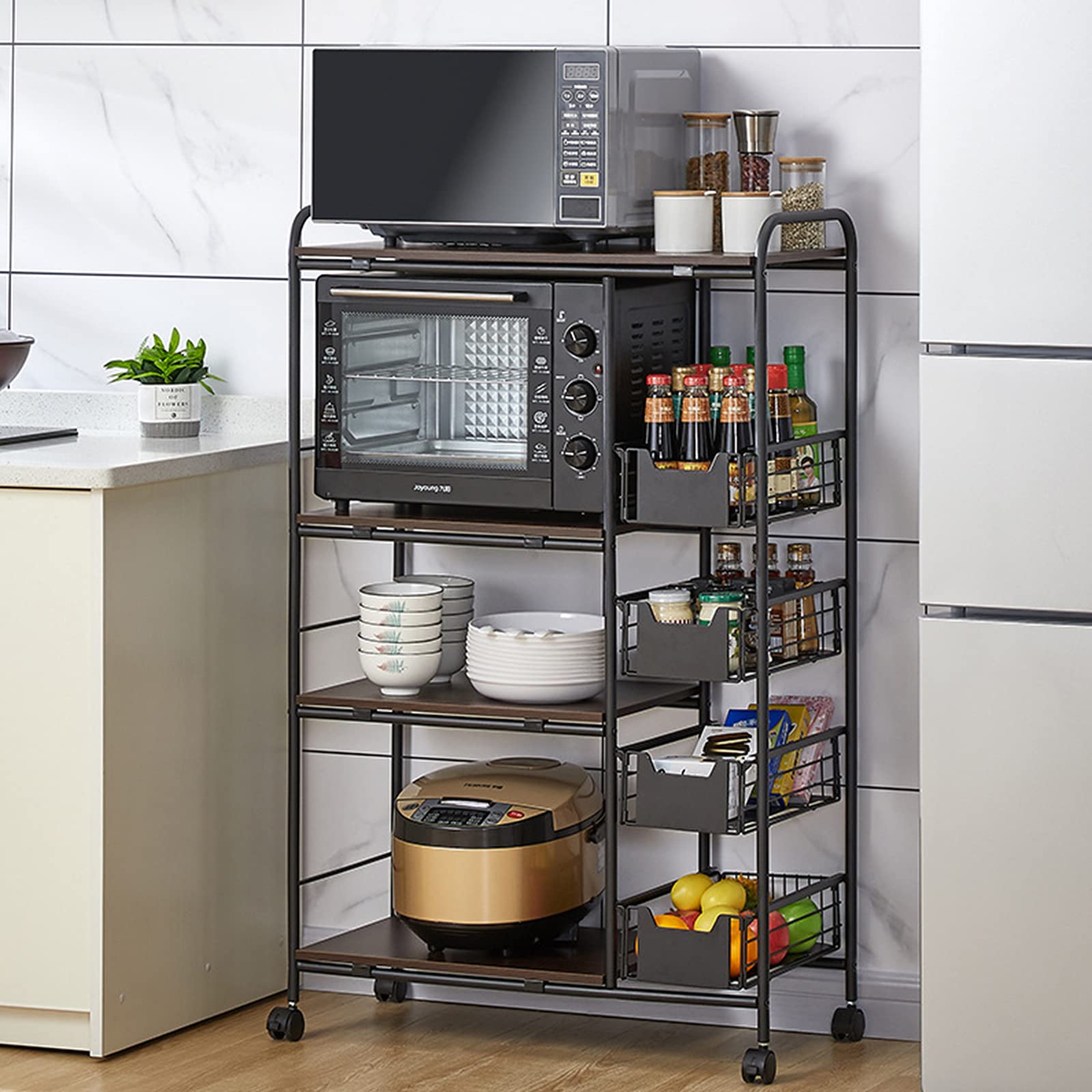 3-Tier Rolling Kitchen Cart with 4 Pull-Out Baskets & 360° Rotating Shelves - Microwave Stand, Spice Organizer & Pantry Storage Solution - Walnut Finish for Small Spaces & Apartment Living