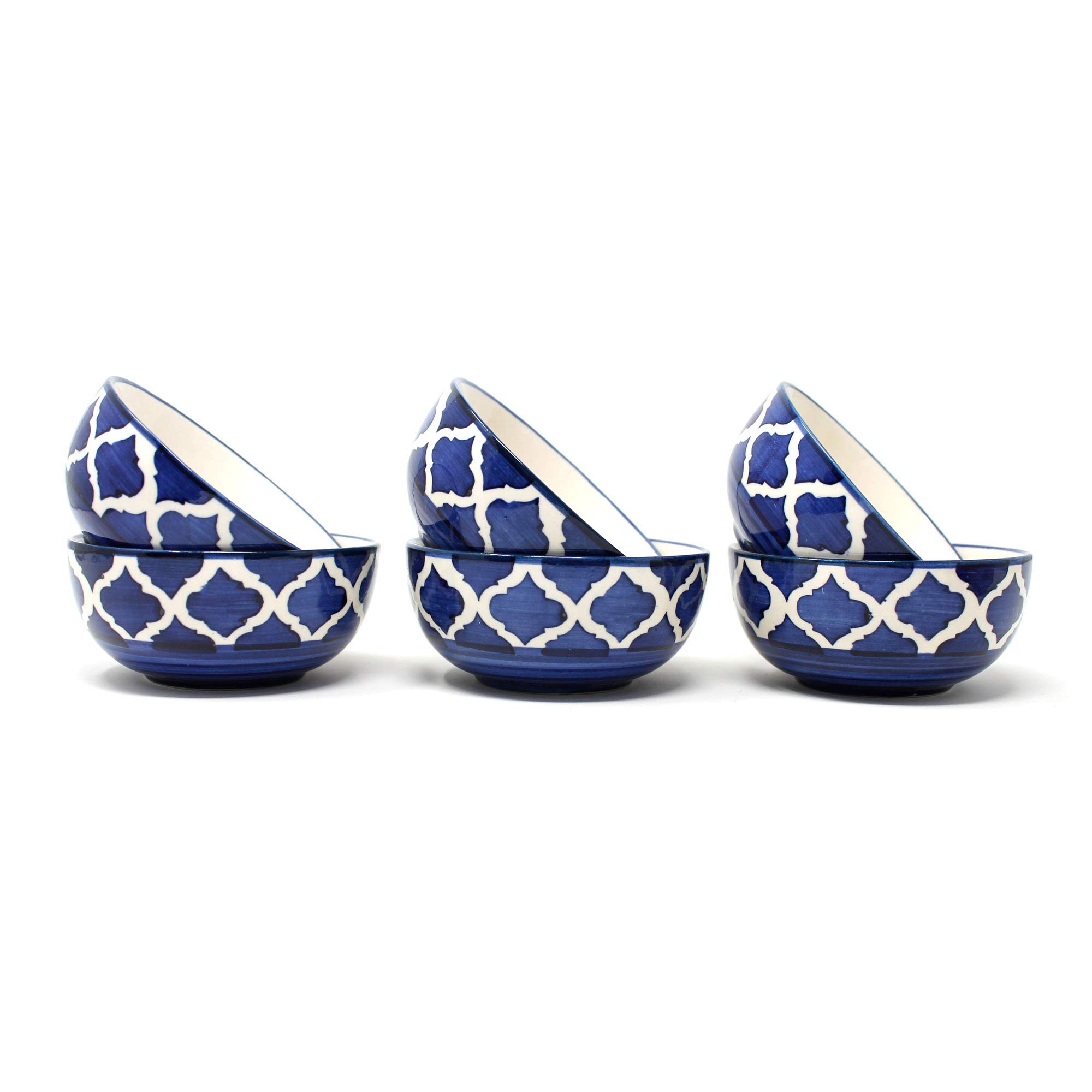 Moroccan Blue Ceramic Bowls Set of 6 - Handcrafted Vegetable, Cereal & Serving Bowls for Home Kitchen & Dining Table - Perfect for Salads, Snacks, Soup & Indian Dal - Eco-Friendly Dinnerware