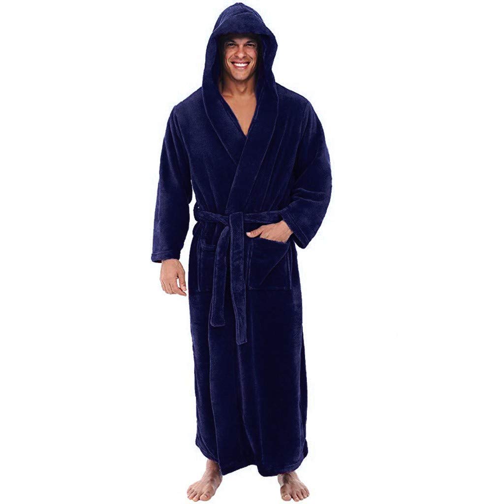 Men's Winter Long Sleeve Hooded Bathrobe - Plus Size Solid Dark Blue Lingerie for Naughty Play | Cozy Lounge Wear & Intimate Moments