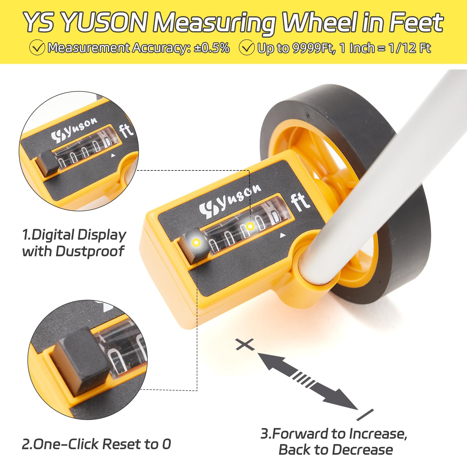 Digital Measuring Wheel in Feet - 4 Inch Construction Measuring Wheel with Tape Measure & Level Ruler | One-Key Reset up to 9999Ft | Perfect for Land Surveying, Road Construction & DIY Home Projects
