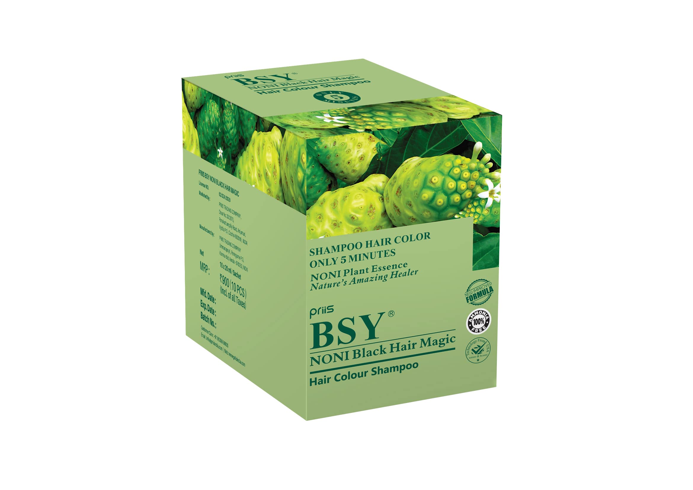 BSY Noni Black Hair Magic Shampoo 20ml (Pack of 4) - Ammonia Free Natural Hair Dye with Noni Fruit Extract | Instant 5-Minute Hair Color for Gray Coverage & Shine | Perfect for Home Use, Travel & Quick Touch-Ups