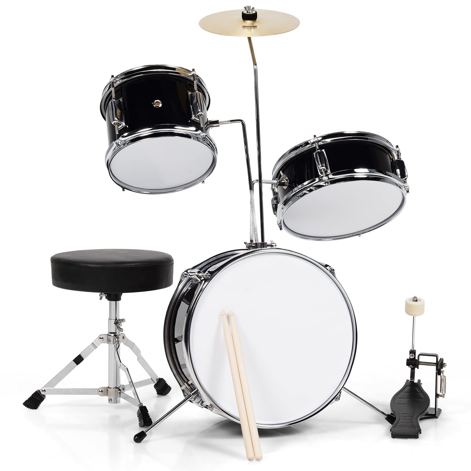 Costzon 3-Piece Kids Drum Set - 13 Inch Junior Drum Kit with Bass, Snare & Tom Drums, Adjustable Throne, Cymbal, Pedal & Drumsticks - Perfect Beginner Drum Set for Ages 3-12 (Black) - Ideal for Home Play, Music Learning & Birthday Gifts