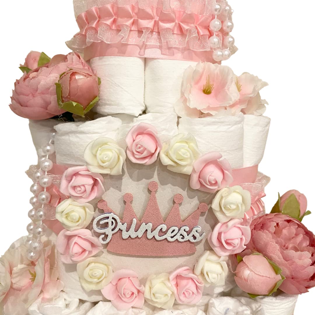 4-Tier Princess Diaper Cake for Baby Girls - Newborn Diaper Gift Set with 12 Diapers | Perfect for Baby Showers, Gender Reveals & Welcome Home Decor
