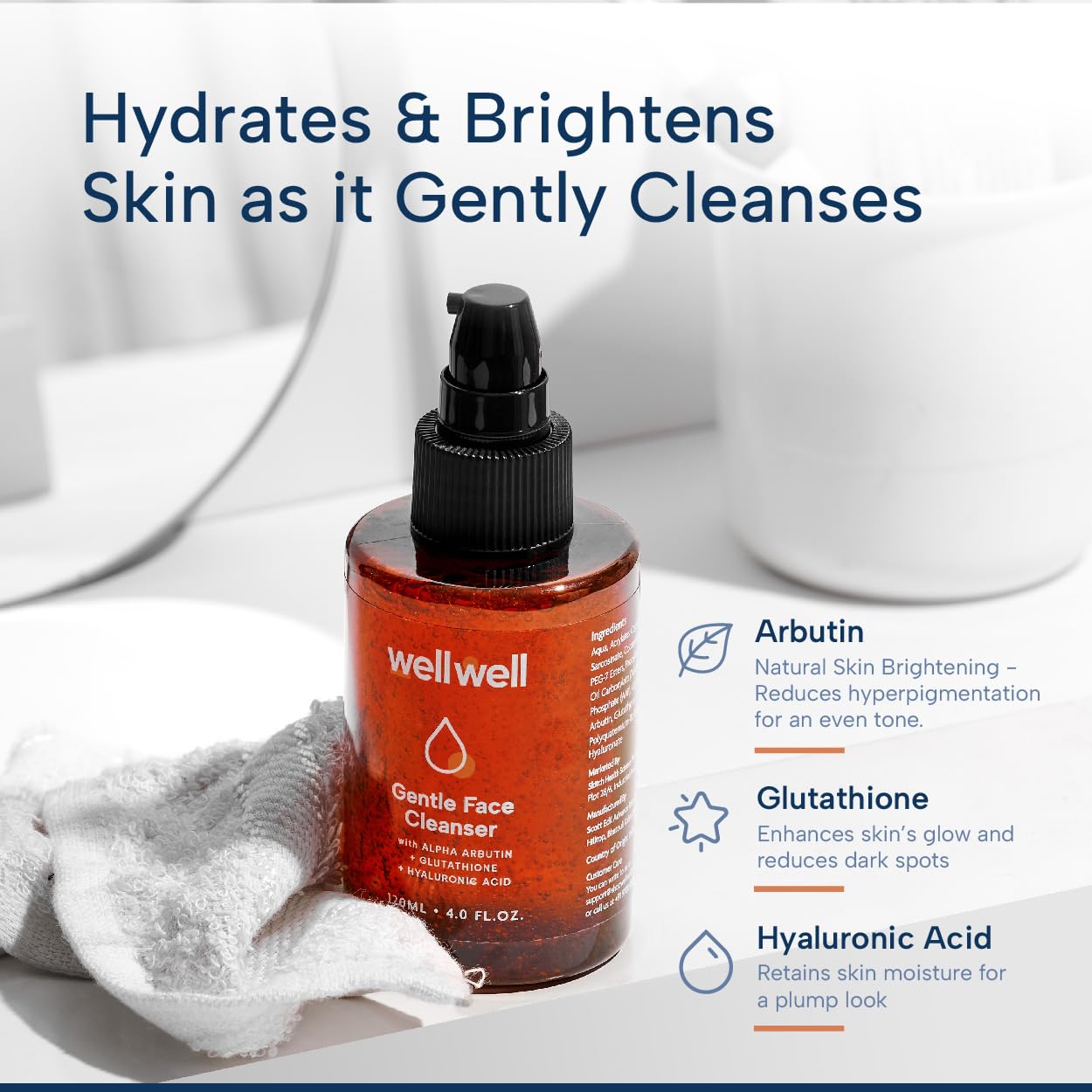 Sulphate Free Gentle Face Wash for Dry to Normal & Sensitive Skin - Fragrance Free with Glutathione & Arbutin to Brighten Skin, Hyaluronic Acid for Hydration (120ml) | Daily Cleanser for Soft, Glowing Complexion | Perfect for Morning & Night Skincare Routine
