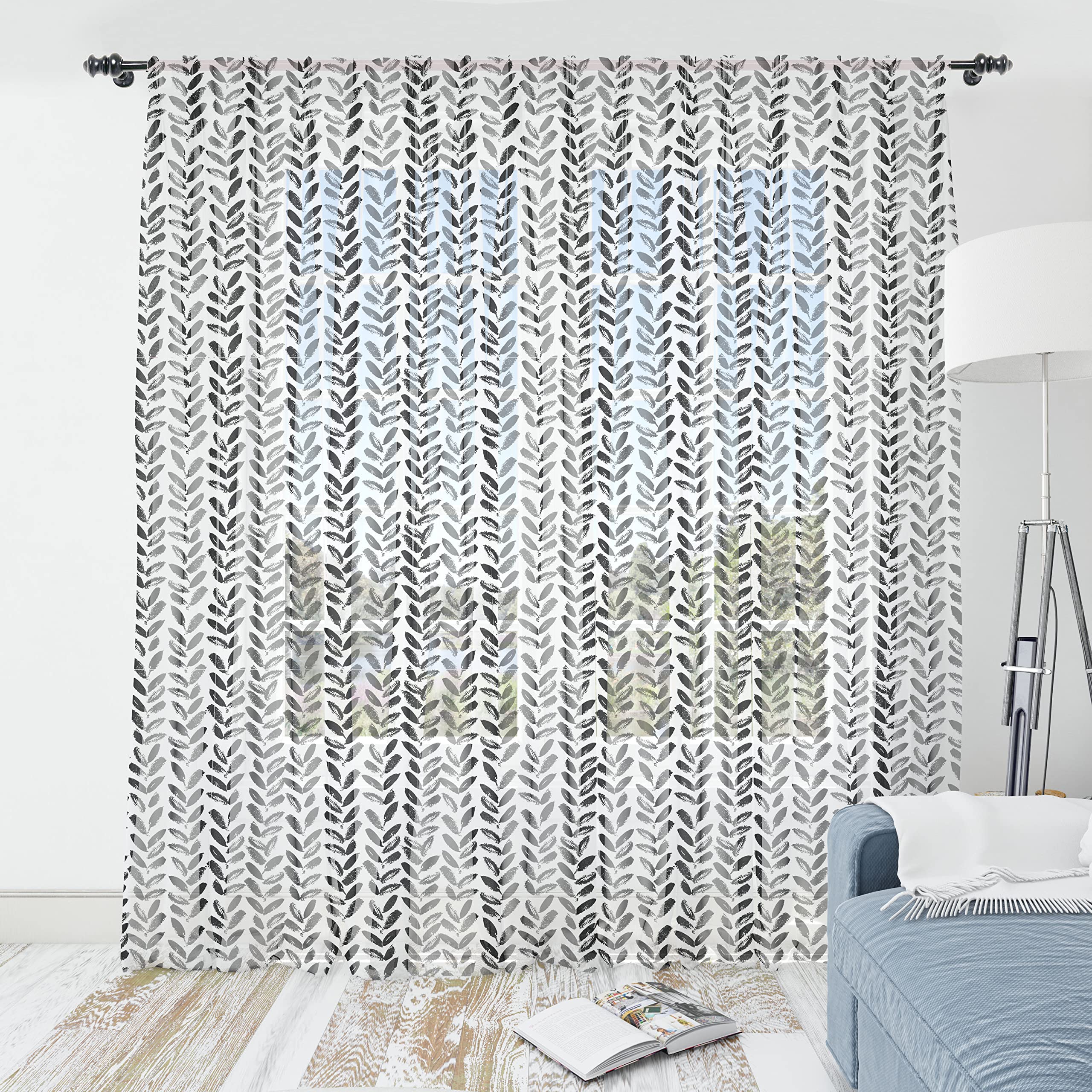 Ambesonne Black and White Tulle Curtains - Modern Grunge Botany Pattern Sheer Drapes with Rod Pocket, 108