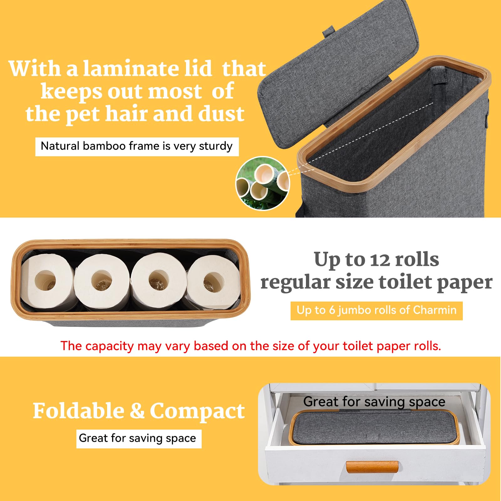 Bamboo Toilet Paper Storage Basket with Lid - Bathroom Tissue Holder Organizer for RV, Closet & Home - Gray Storage Box with Handle | Perfect for Small Spaces, Bathroom Counter & Vanity Organization