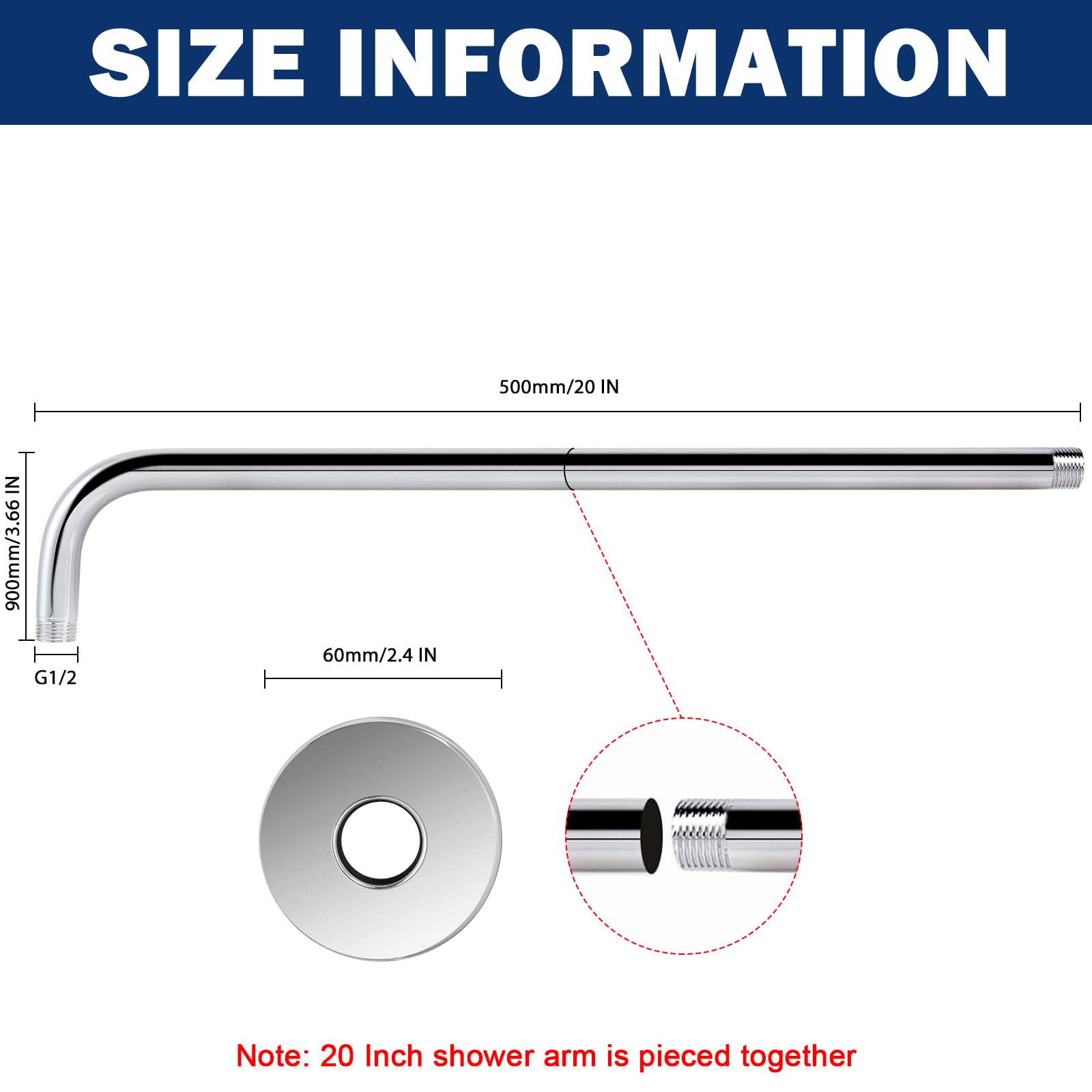 NearMoon 20 Inch Stainless Steel Shower Arm with Flange - Wall-Mounted Chrome Shower Head Extension for Bathroom & Spa - Perfect for Home, Hotel, and Gym Installations