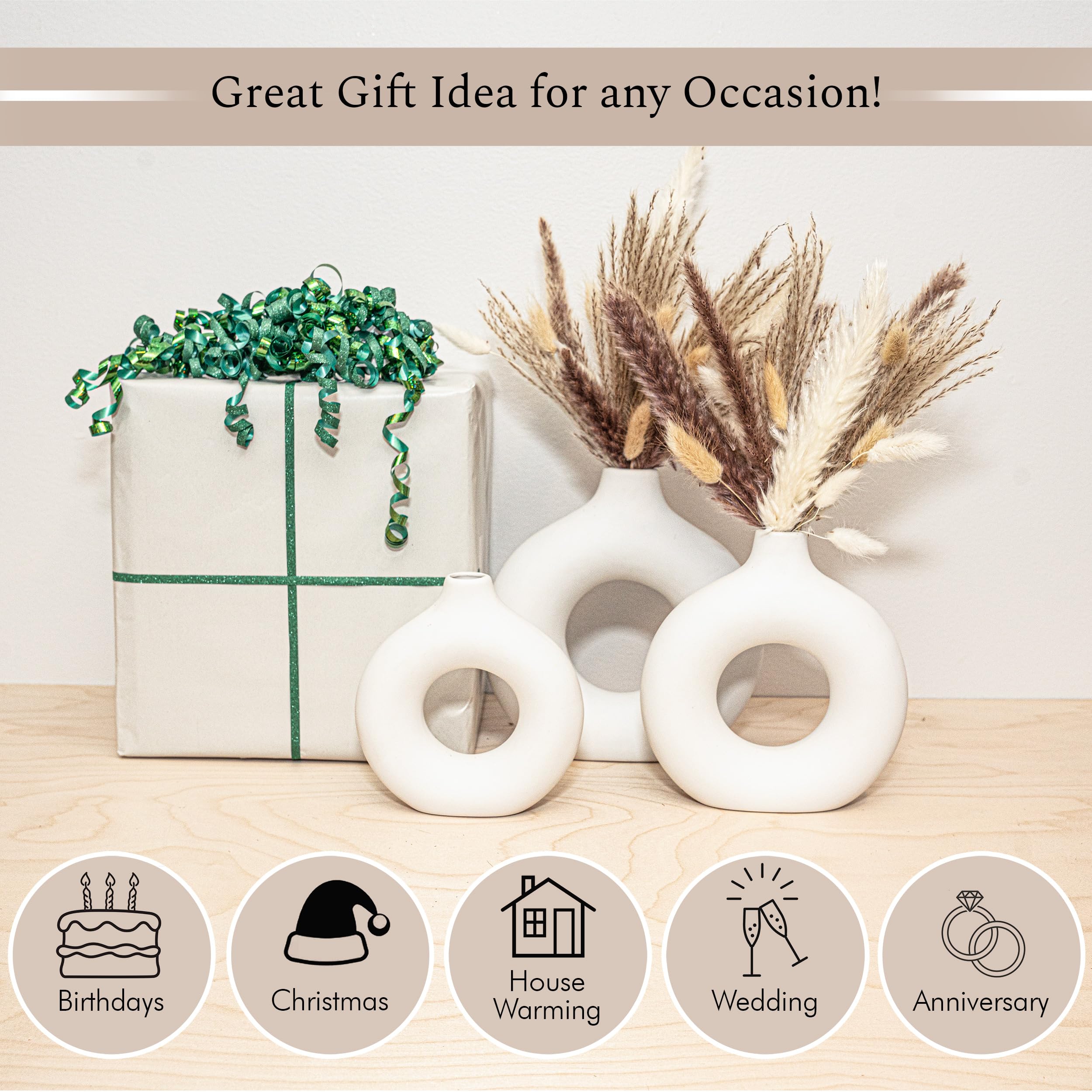 VELOVA Set of 3 White Ceramic Vases with 65 PCS Dried Pampas Grass - Modern Boho Home Decor for Living Room, Bedroom, Office Desk & Coffee Table - Perfect Aesthetic Gift for Women & Mom