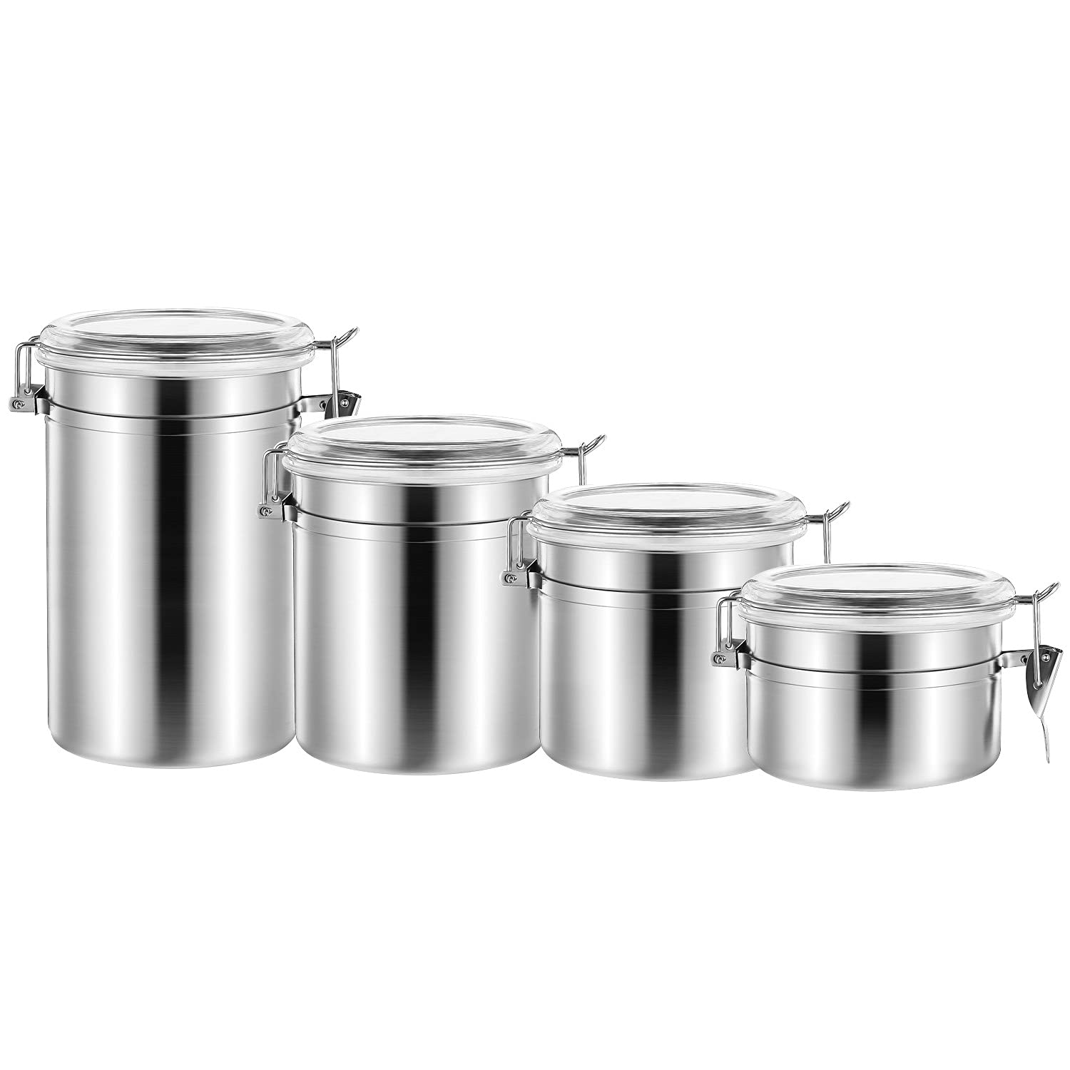 4-Piece Stainless Steel Airtight Food Storage Canister Set with Clear Acrylic Lids & Locking Clamps - Perfect for Coffee, Tea, Sugar, Flour, Cereal, Beans - Ideal for Kitchen Pantry Organization & Countertop Display (5 inch)